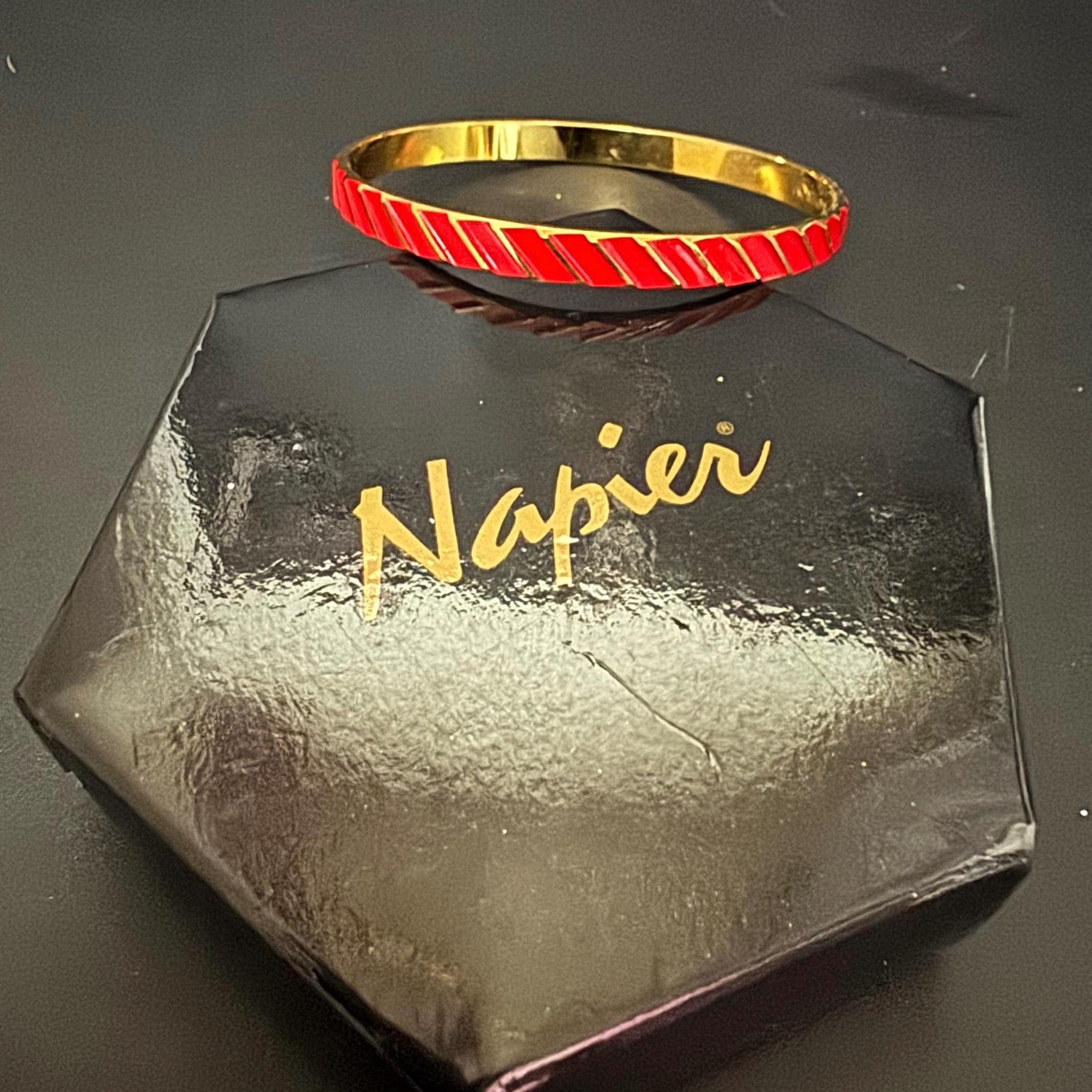 Signed Napier gold plated bright red enamel geometric bangle bracelet vintage 6mm boxed