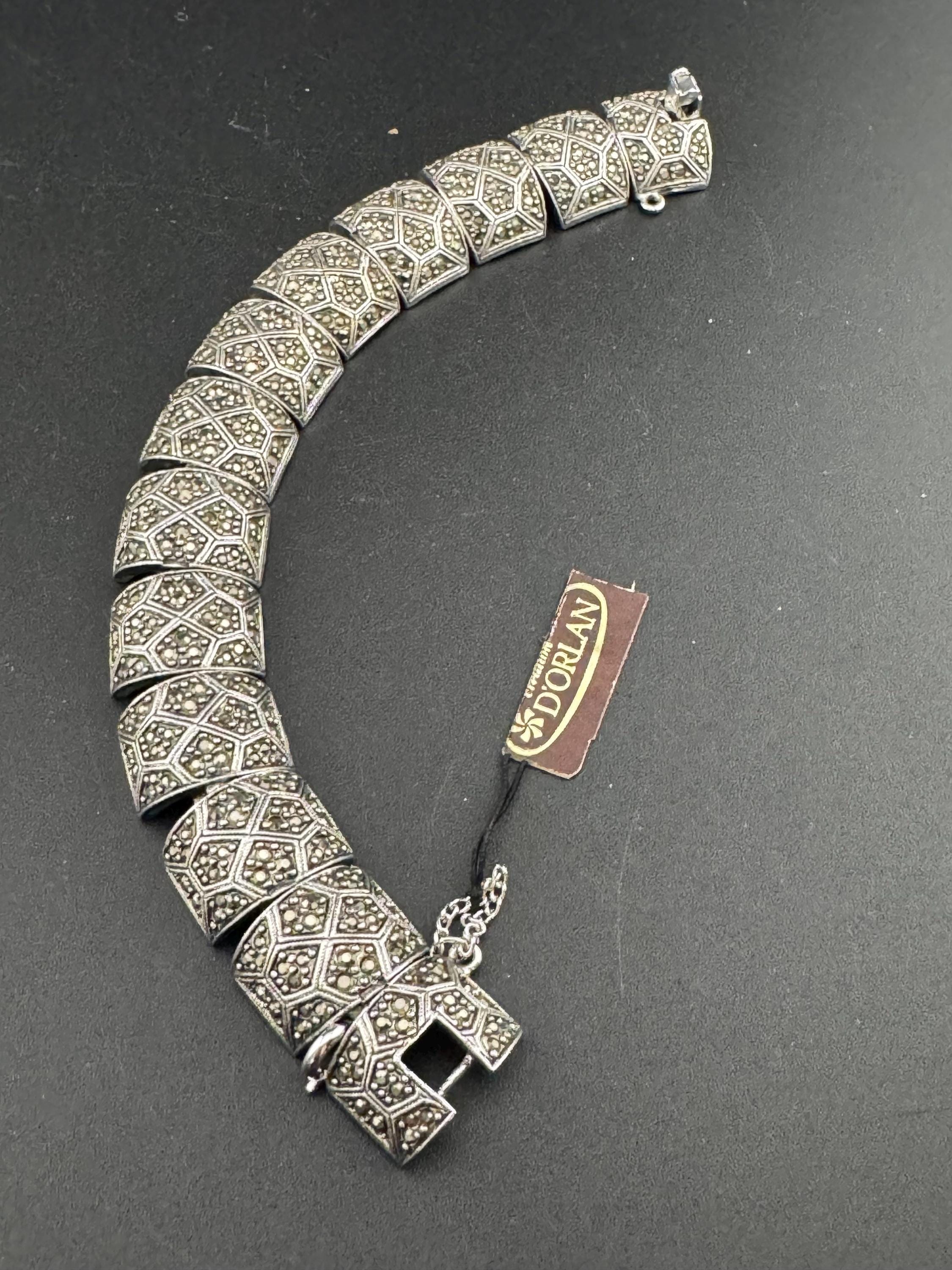 Vintage D’orlan Canada designer  rhodium silver plated and marcasite wide panel link bracelet 20cm x 2cm