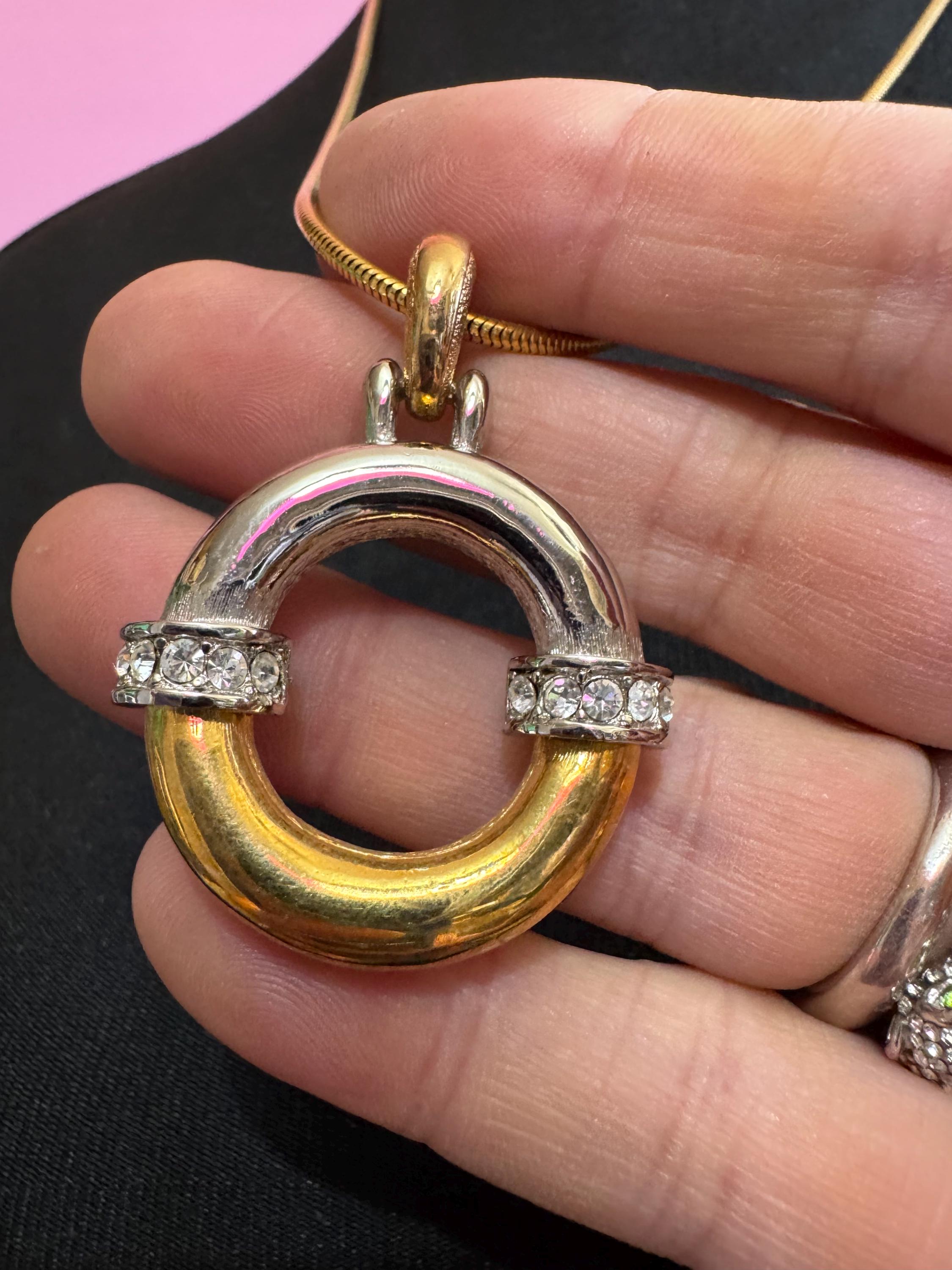 Vintage D’orlan Canada designer 22ct triple gold and rhodium plated and clear Swarovski Crystal round pendant chain necklace 65cm
