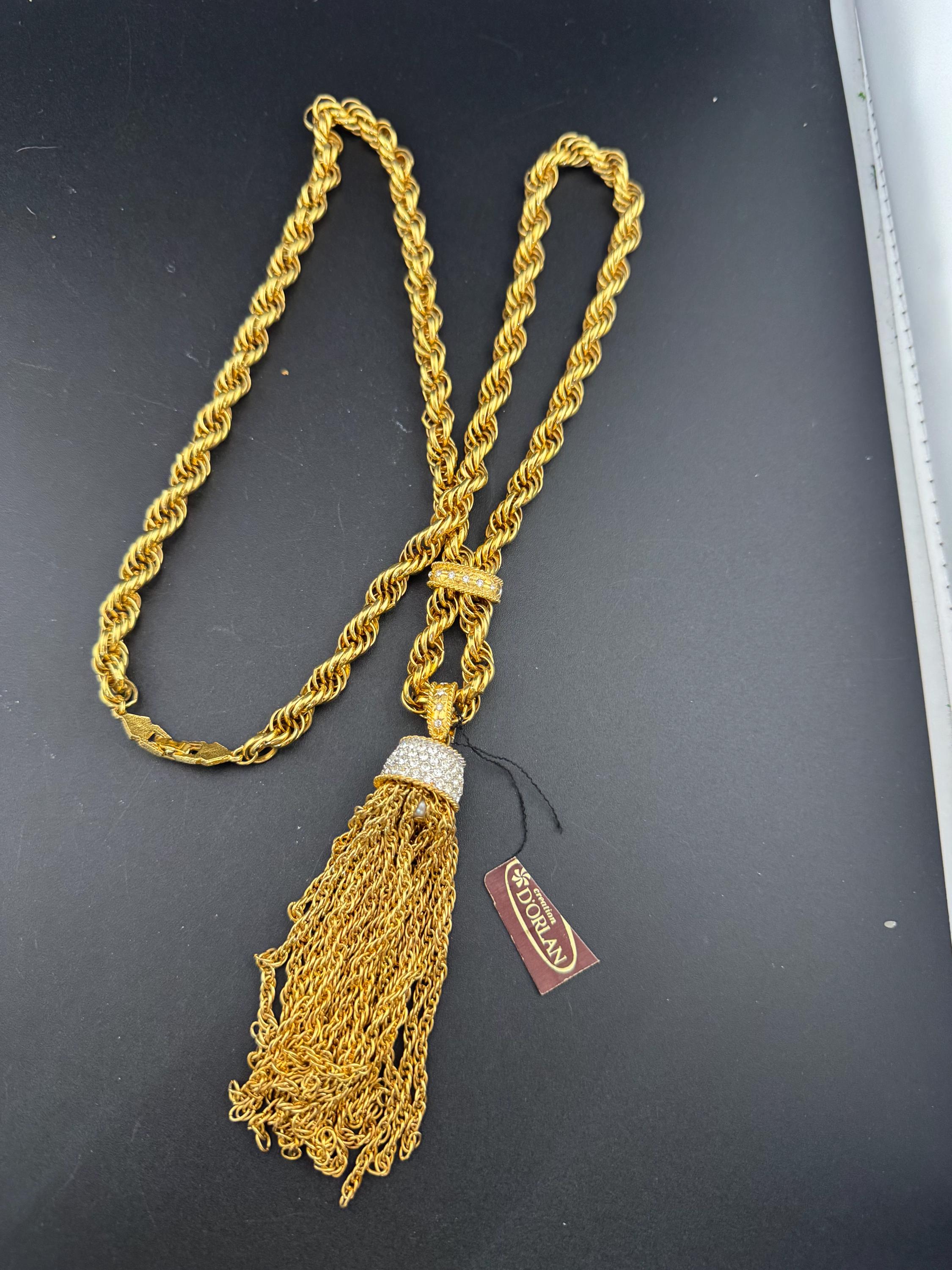 Vintage D’orlan Canada designer 22ct triple gold plated Swarovski Crystal chunky rope chain pendant tassel necklace 75cm