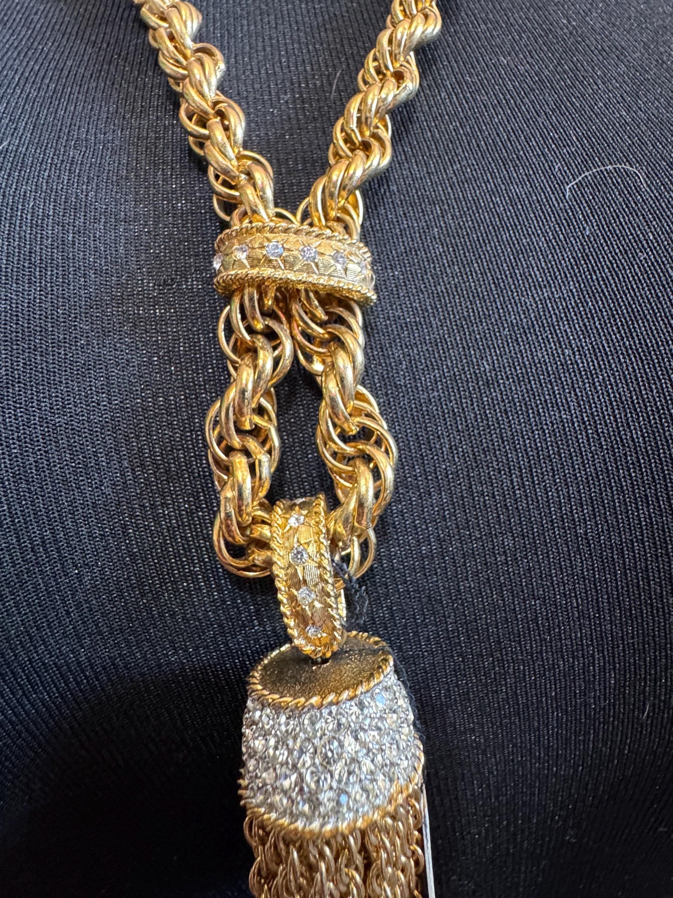 Vintage D’orlan Canada designer 22ct triple gold plated Swarovski Crystal chunky rope chain pendant tassel necklace 75cm