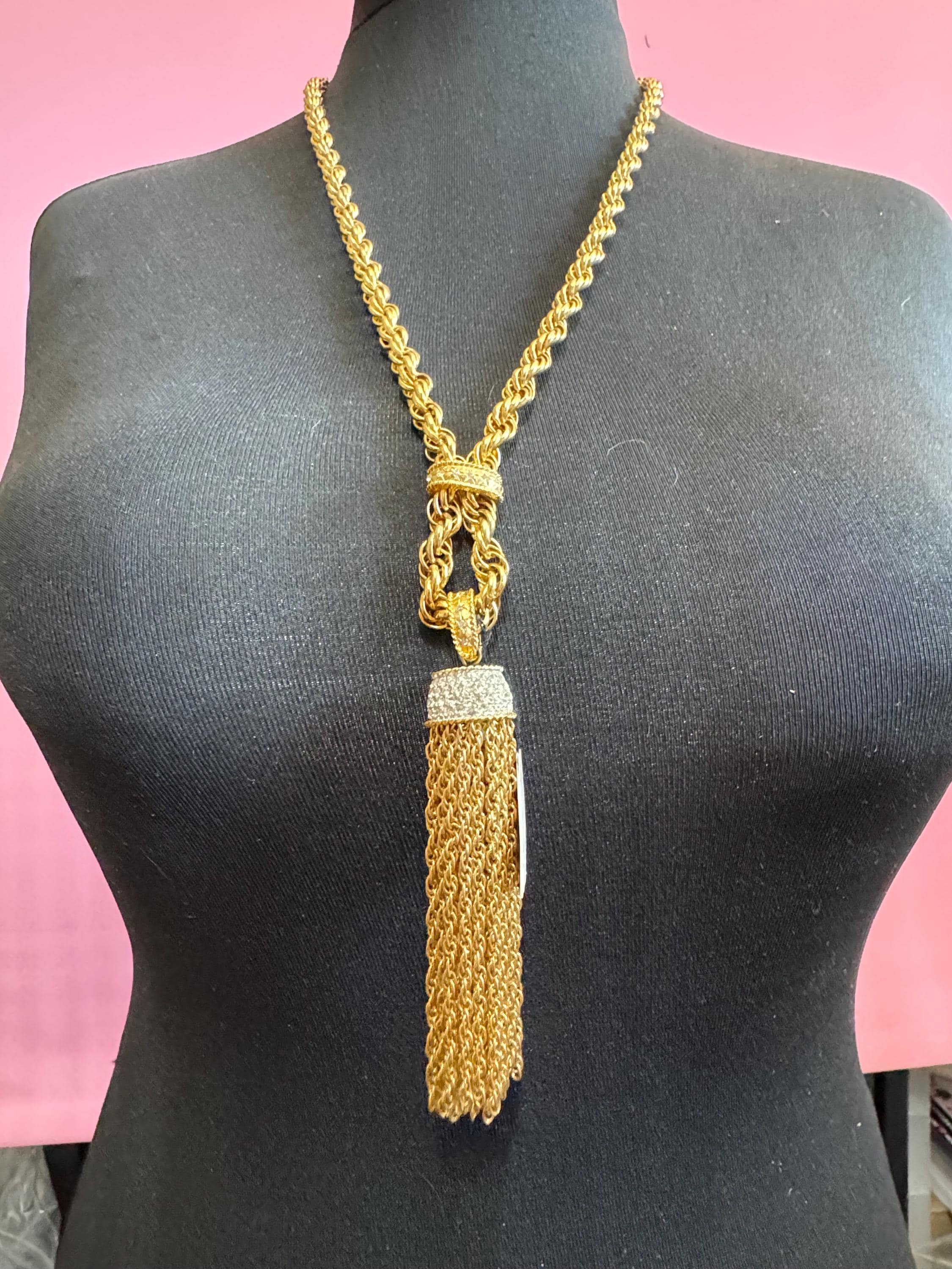 Vintage D’orlan Canada designer 22ct triple gold plated Swarovski Crystal chunky rope chain pendant tassel necklace 75cm