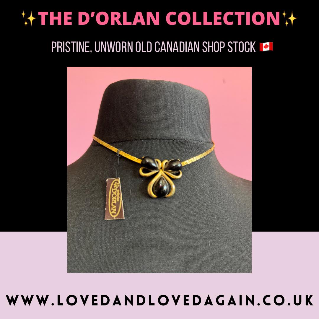 Petite fit Vintage D’orlan Canada designer 22ct triple gold plated black cabochon enamel bow pendant choker necklace 40cm