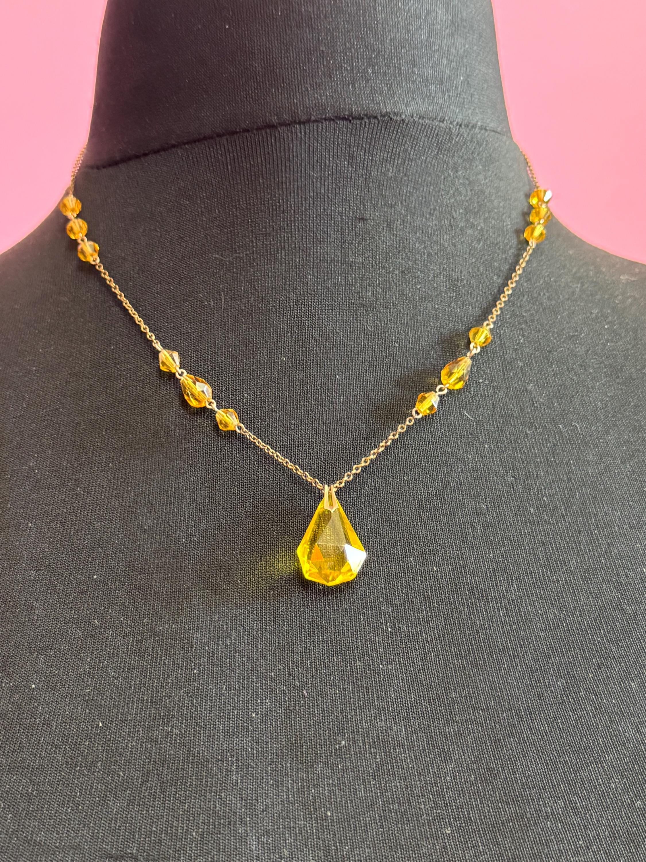 Art Deco crystal amber orange citrine glass antique necklace drop 1900s 1920s