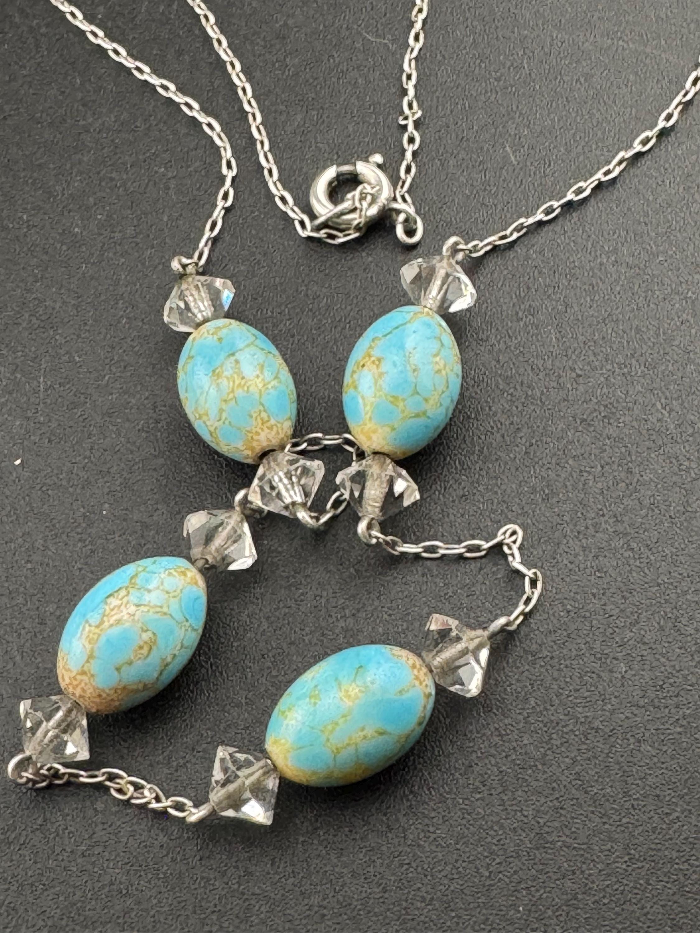 Vintage art deco clear glass crystal Nicole bead a turquoise Czech glass beaded necklace silver tone