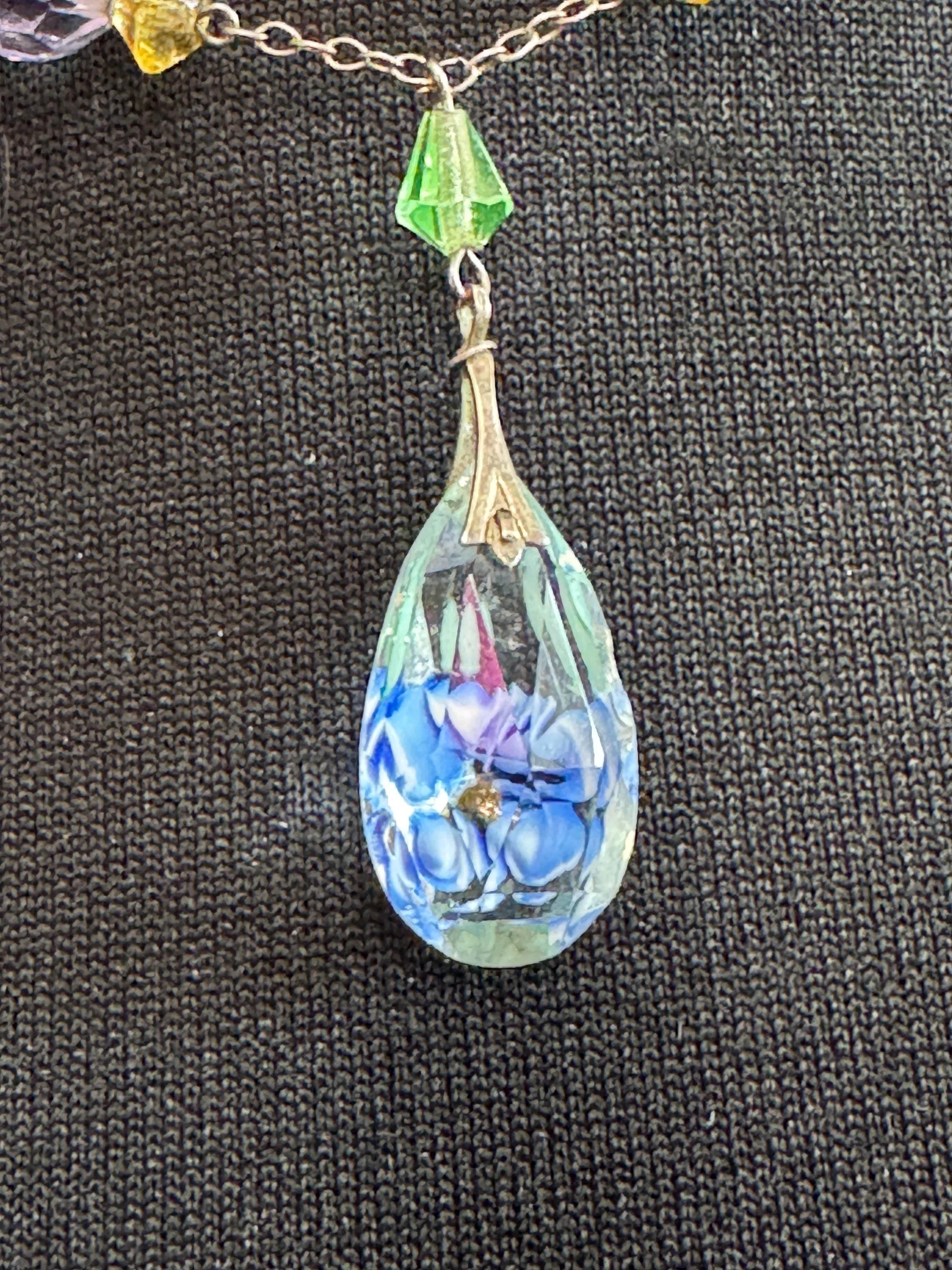 Art Deco 925 silver signed JbS lilac and citrine crystal clear diamante drop pendant necklace with floral reverse painted teardrop