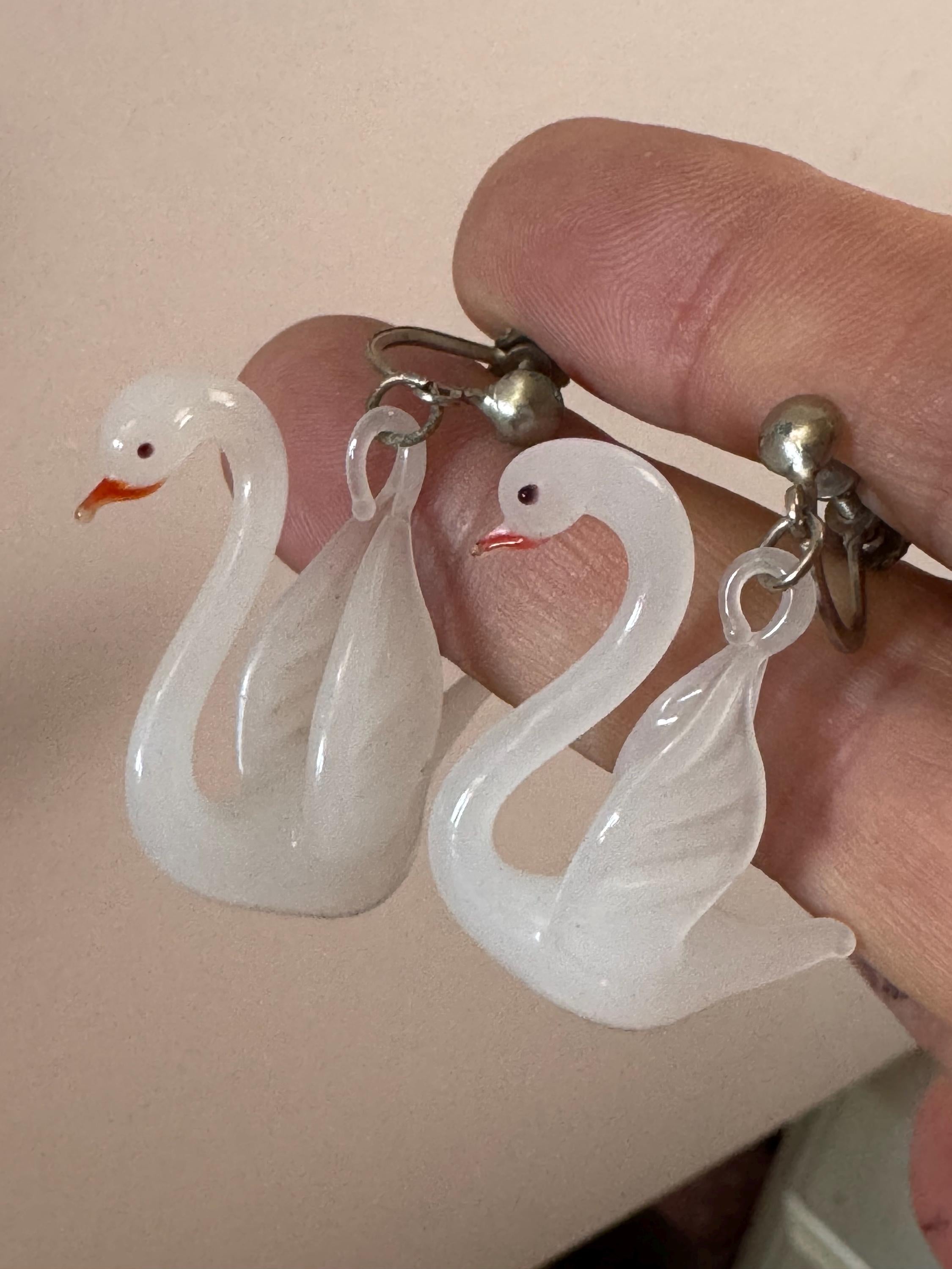 Vintage 1960s glass blown milky white opaque glass swan clip on earrings on screw back fittings