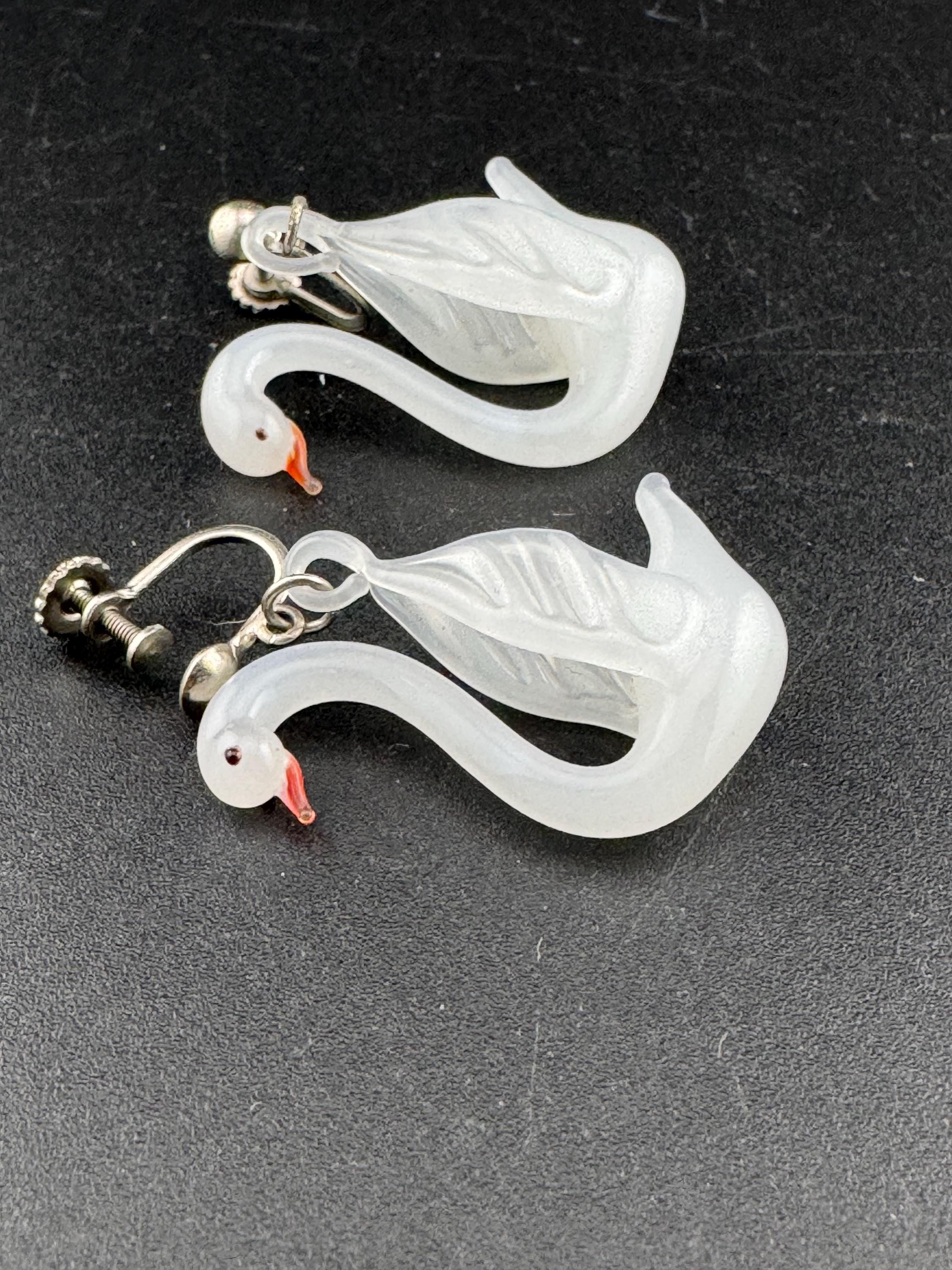 Vintage 1960s glass blown milky white opaque glass swan clip on earrings on screw back fittings