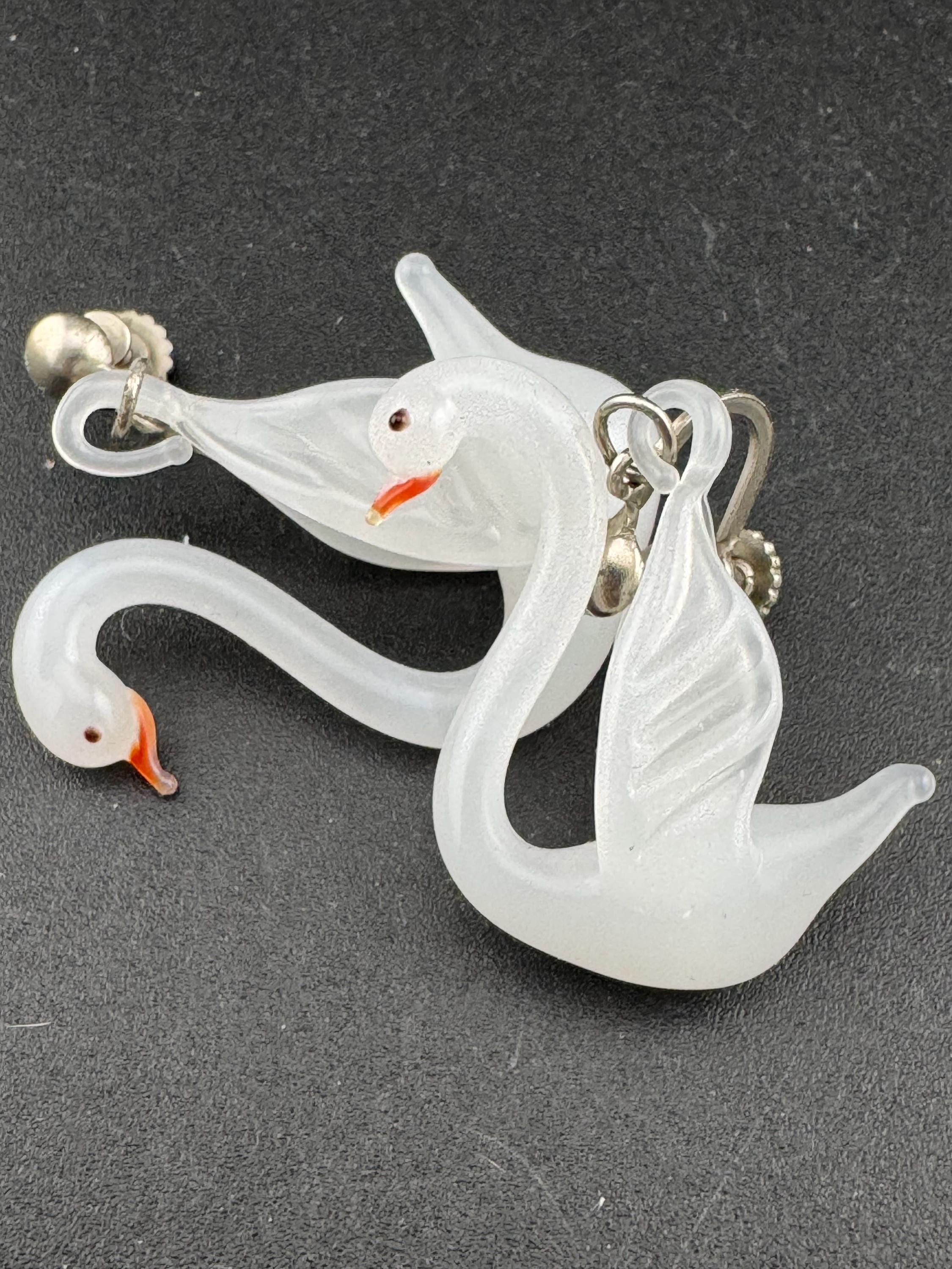 Vintage 1960s glass blown milky white opaque glass swan clip on earrings on screw back fittings