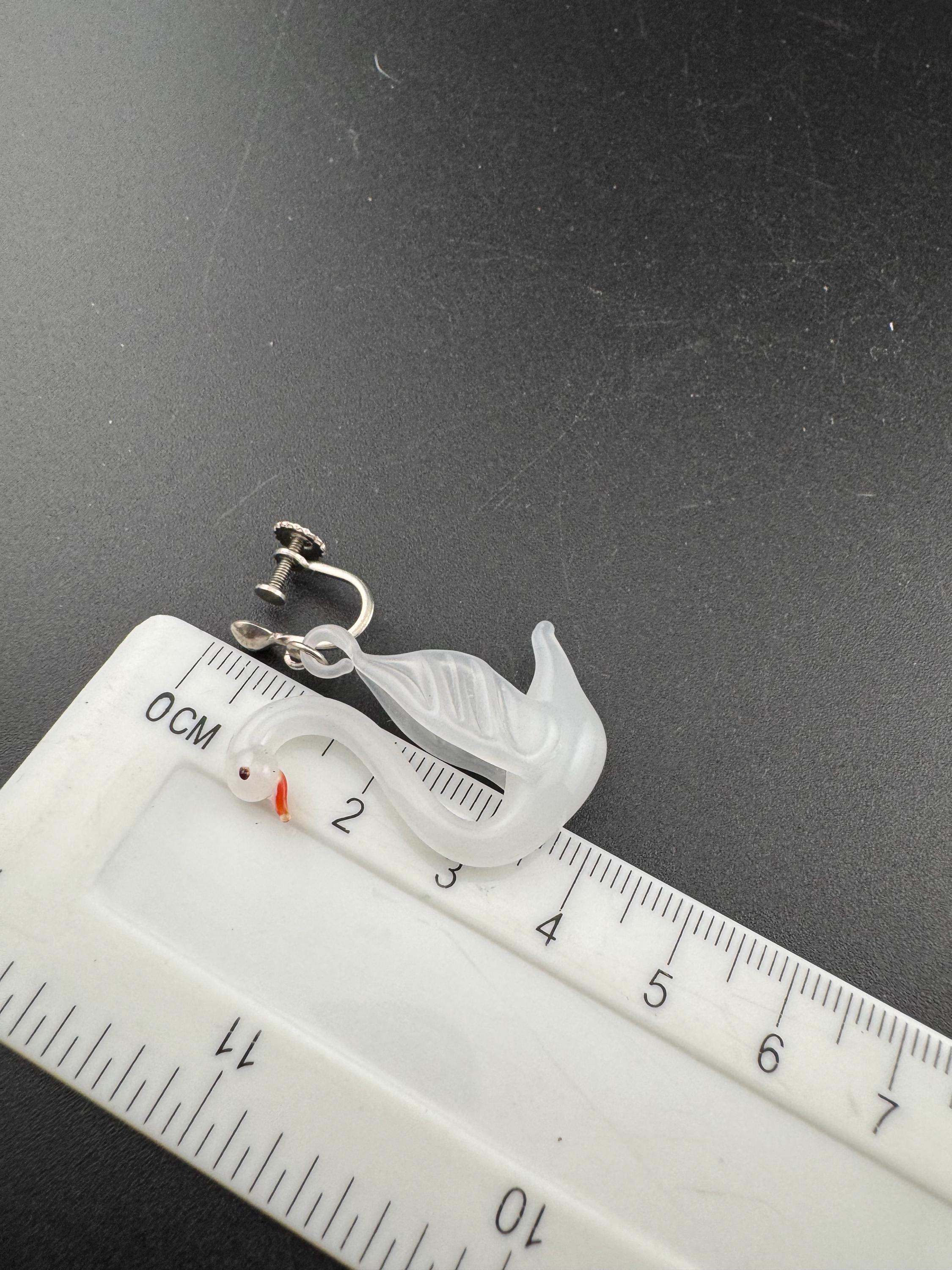 Vintage 1960s glass blown milky white opaque glass swan clip on earrings on screw back fittings