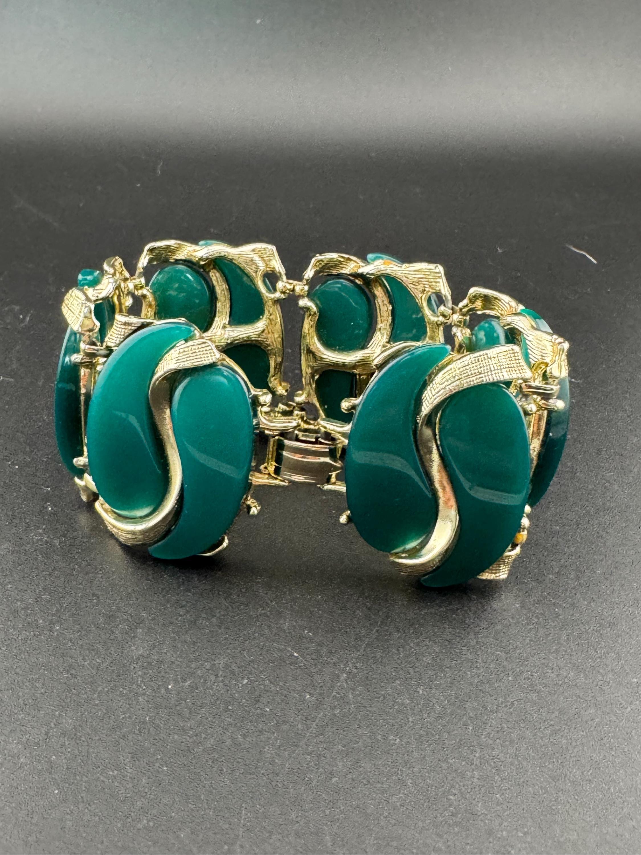 Vintage teal green thermoset celluloid early plastic panel link gold tone bracelet Vintage 60’s 70s