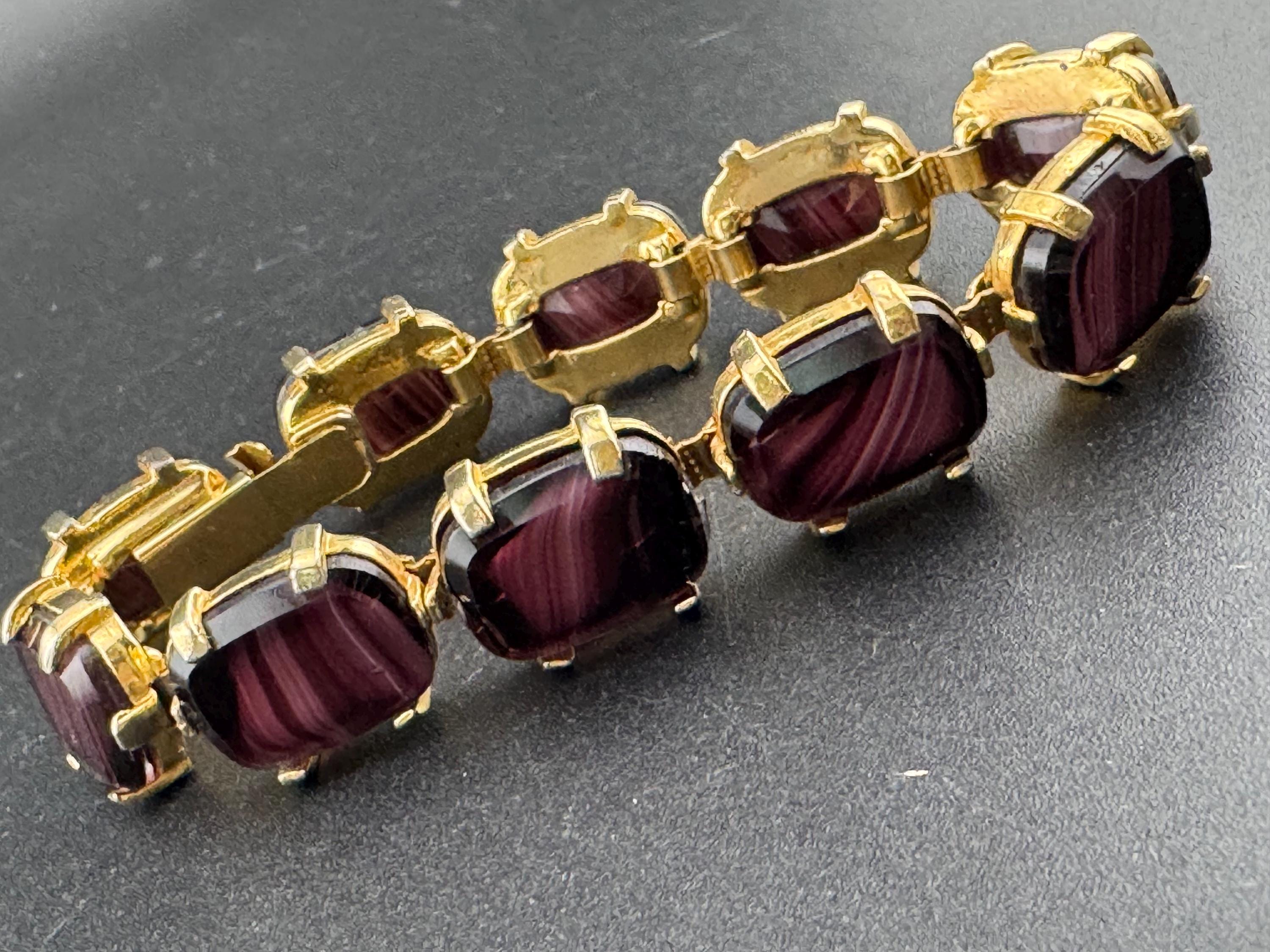 vintage purple givre Glass Gold Tone cocktail bracelet 19cm