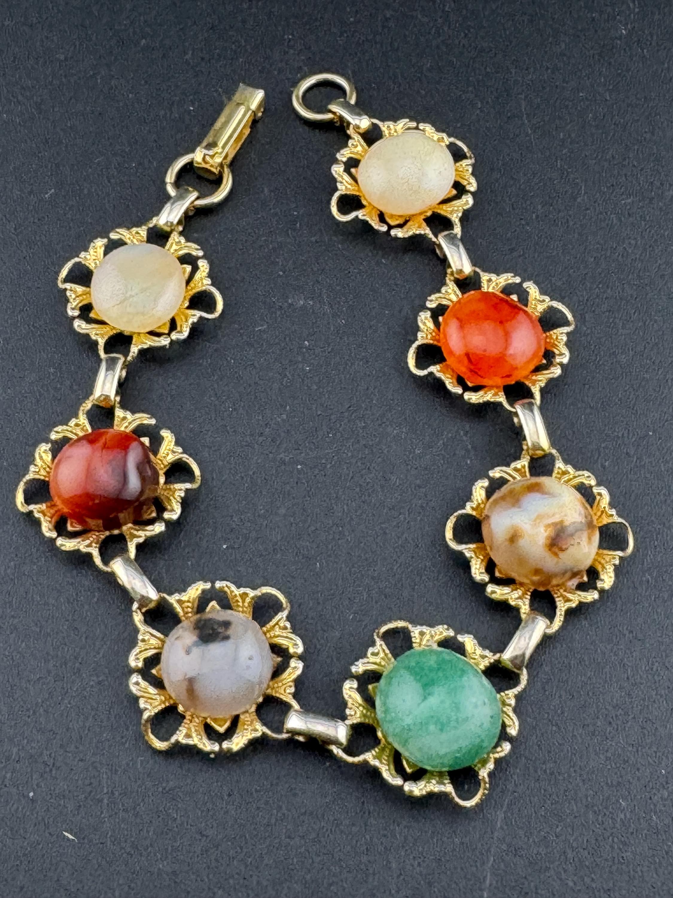 Vintage Agate Panel Link gold tone metal gemstone cabochon bracelet 1960s 1970s