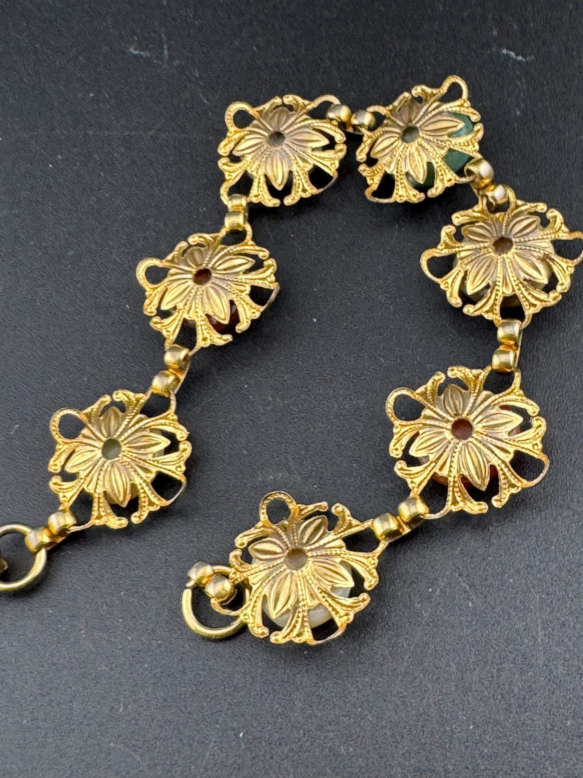 Vintage Agate Panel Link gold tone metal gemstone cabochon bracelet 1960s 1970s
