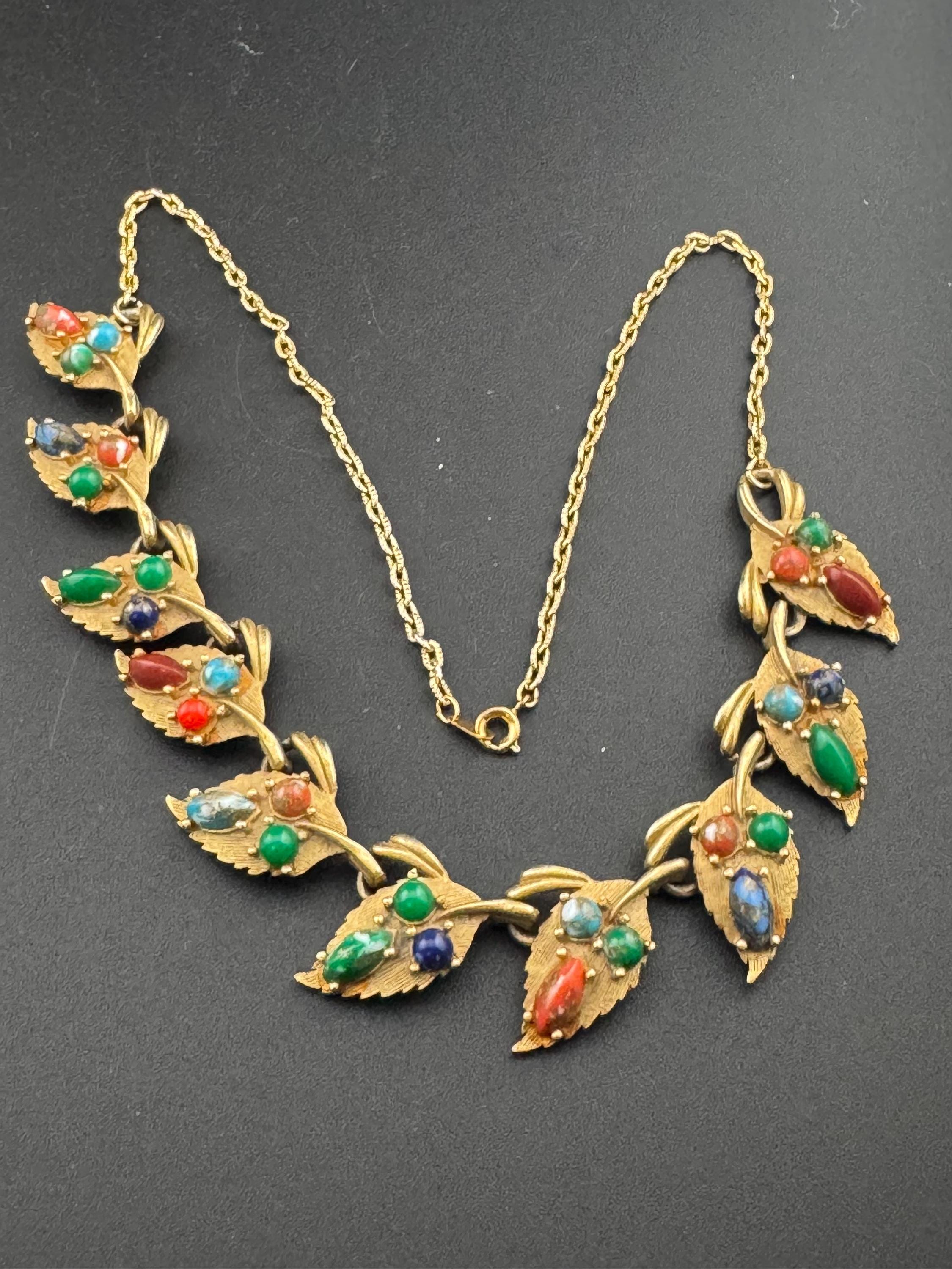 Vintage gold tone mid century faux gemstone set modernist panel link necklace 48cm