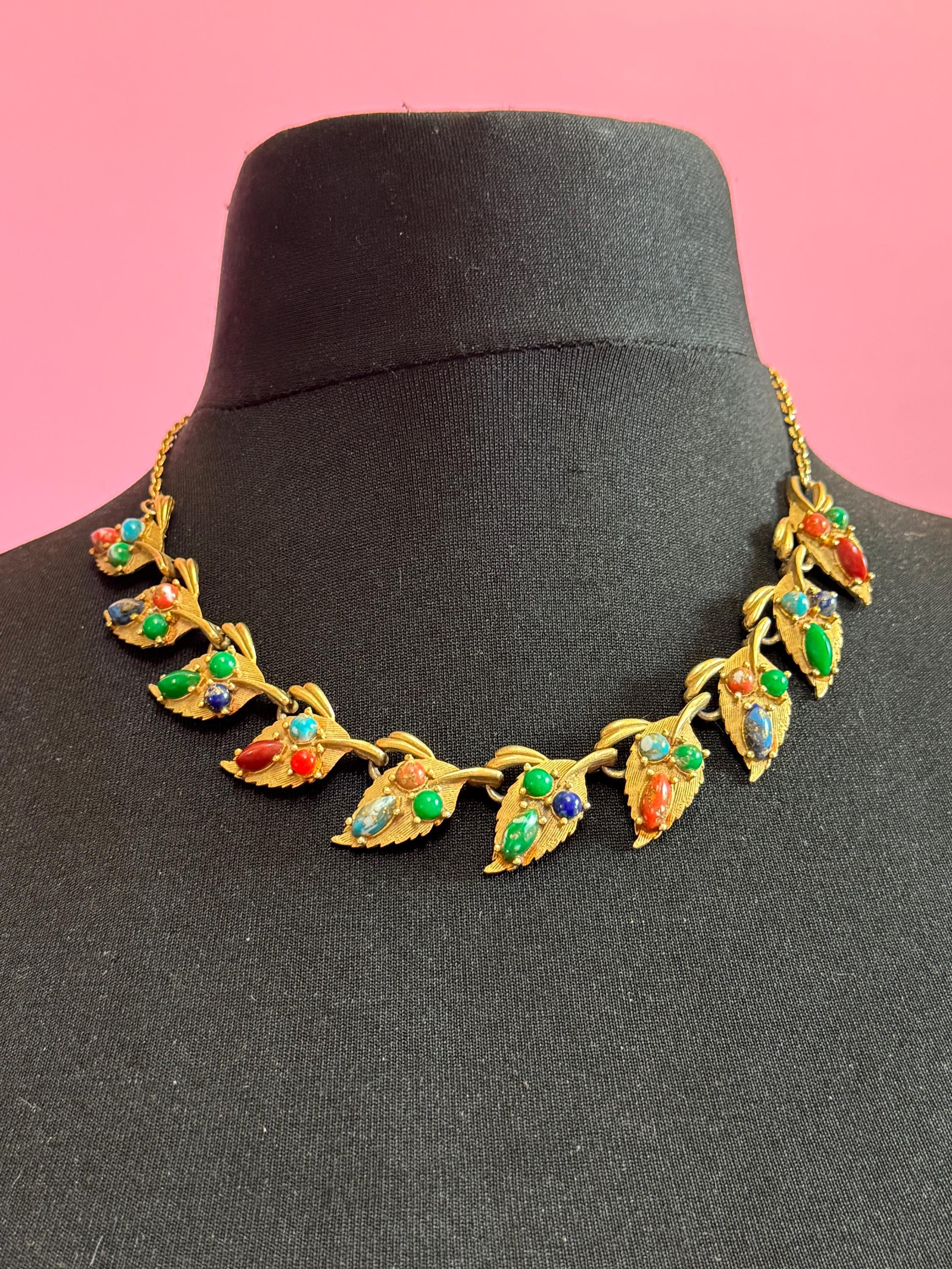 Vintage gold tone mid century faux gemstone set modernist panel link necklace 48cm