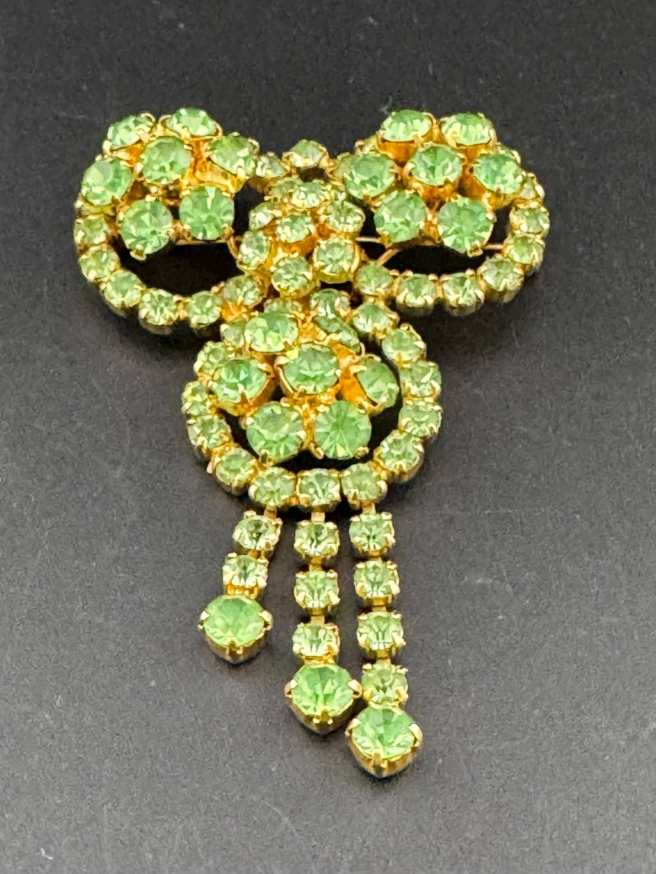 Oversized 9cm huge UV Uranium Glass gold tone emerald green rhinestone brooch 1950s