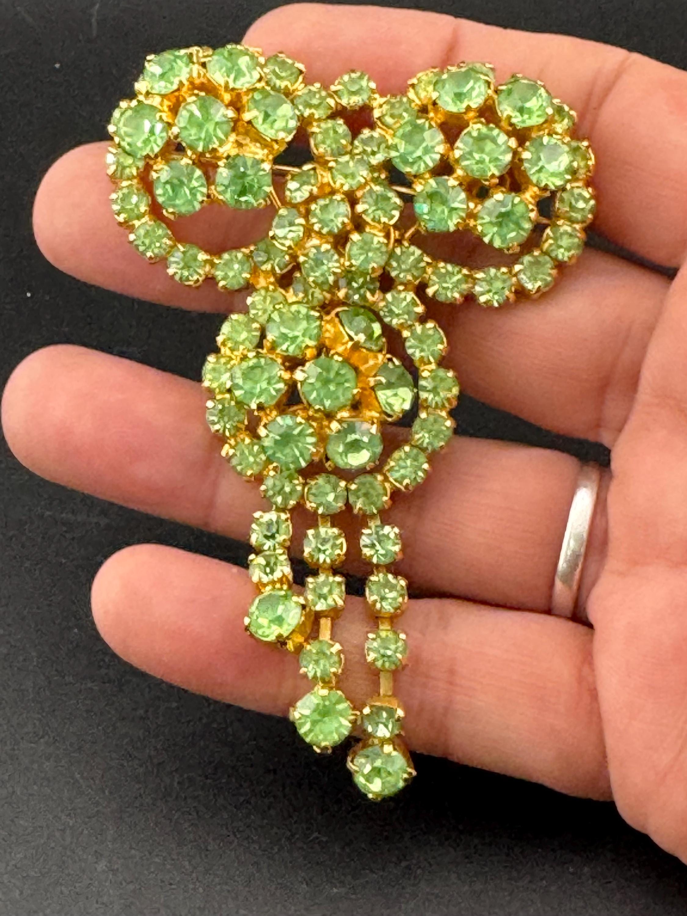 Oversized 9cm huge UV Uranium Glass gold tone emerald green rhinestone brooch 1950s