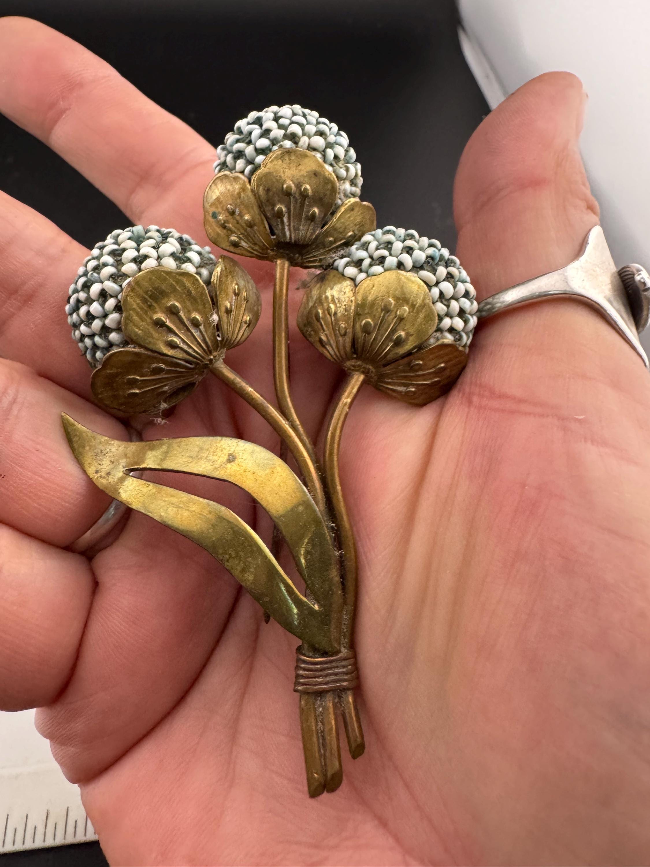 Xl large antique Brass floral brooch with soft blue beaded flower heads 1930s 9cm long, likely Czech /french