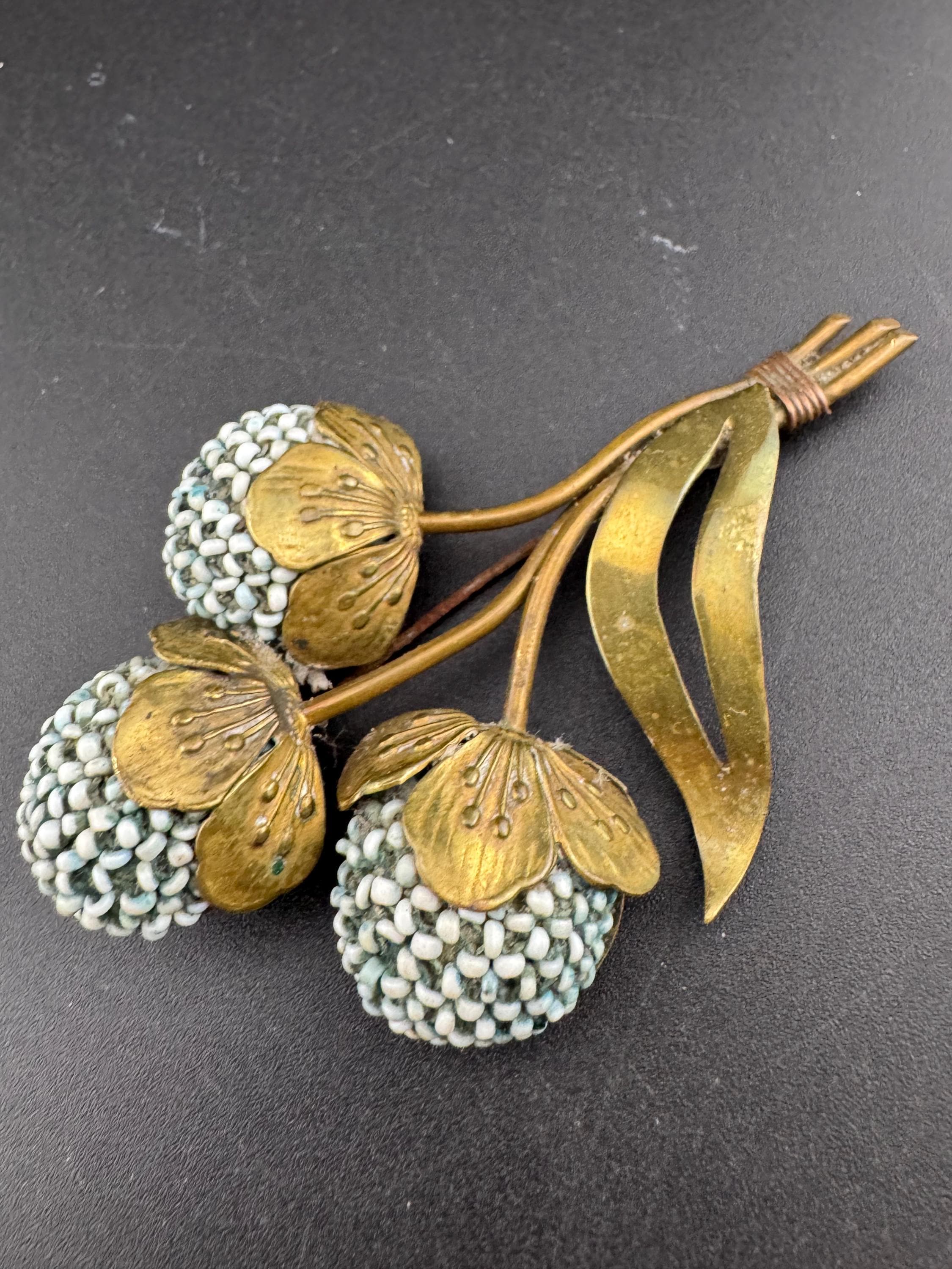 Xl large antique Brass floral brooch with soft blue beaded flower heads 1930s 9cm long, likely Czech /french