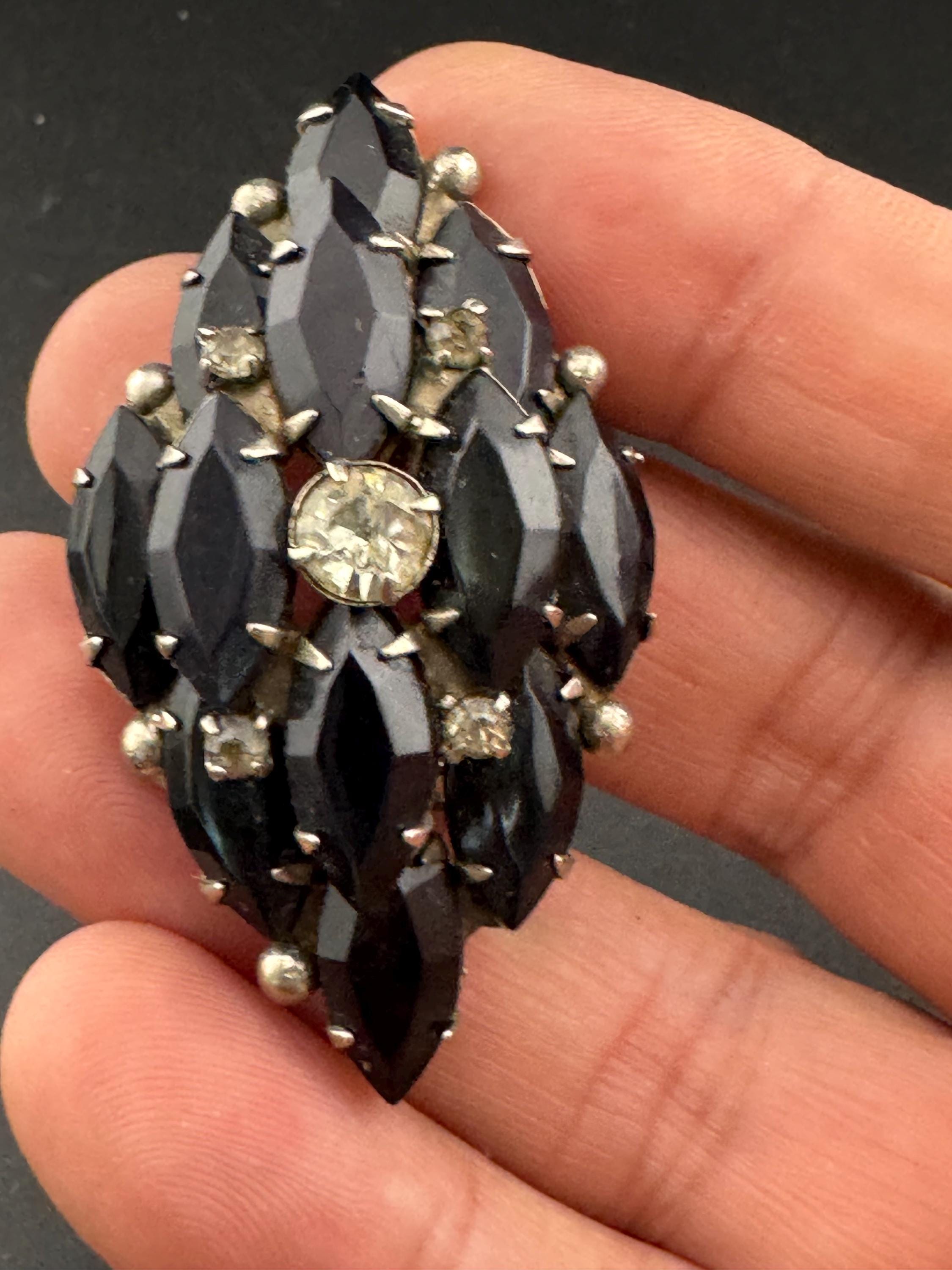 Vintage Black Glass navette Paste Rhinestone Sparkly Diamanté brooch  on silver tone metal