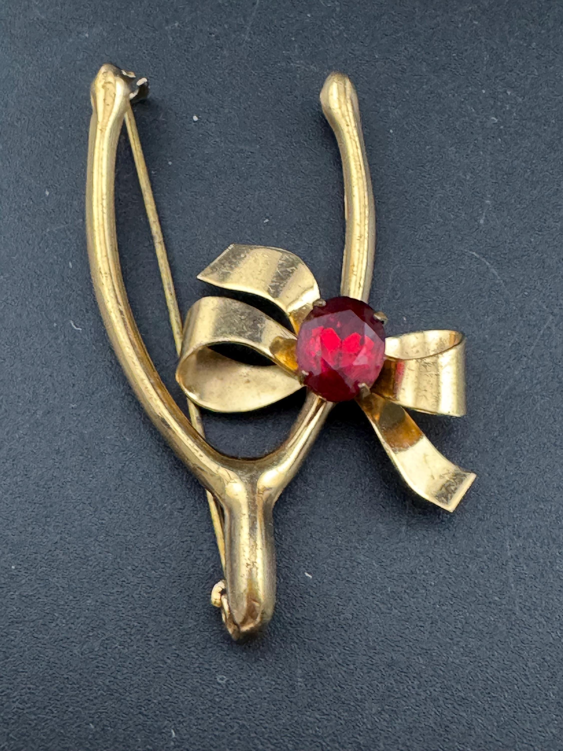 Good Luck Wishbone Something Ruby red Glass Paste Rhinestone diamante brooch 6cm