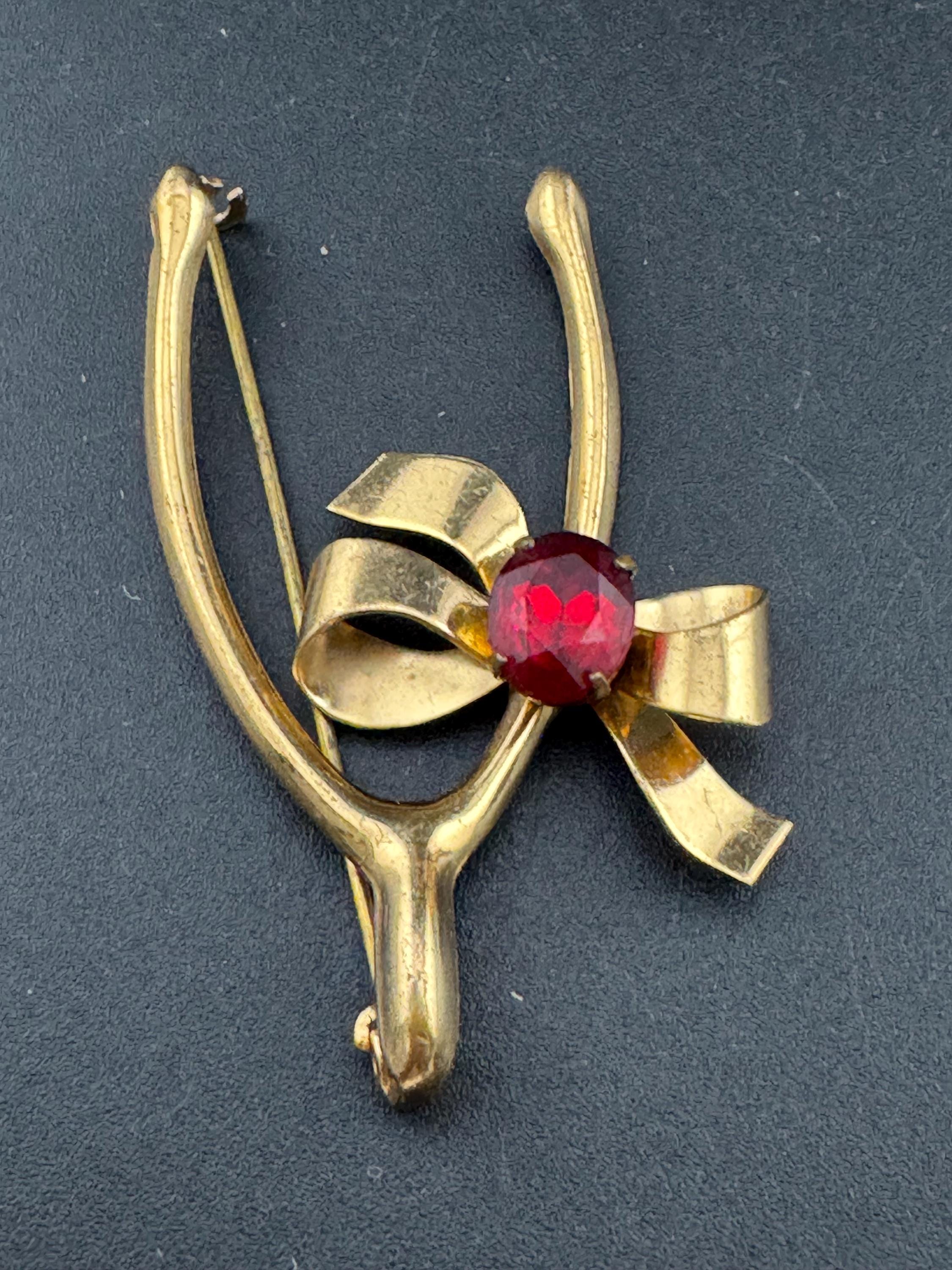 Good Luck Wishbone Something Ruby red Glass Paste Rhinestone diamante brooch 6cm