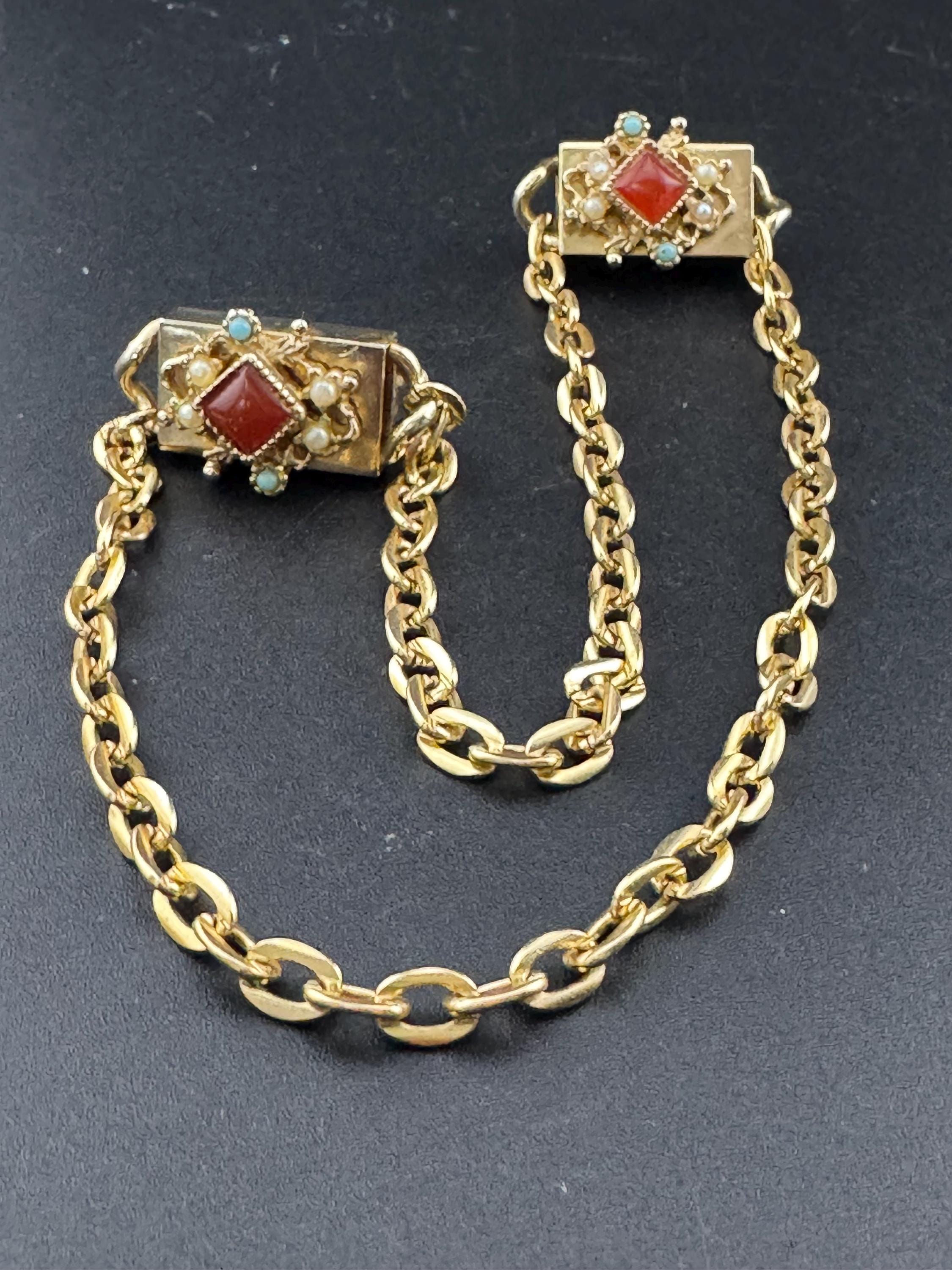 vintage double brooch,  gold tone faux seed pearl ruby and turquoise chain metal sweater guards,  jumper clasp