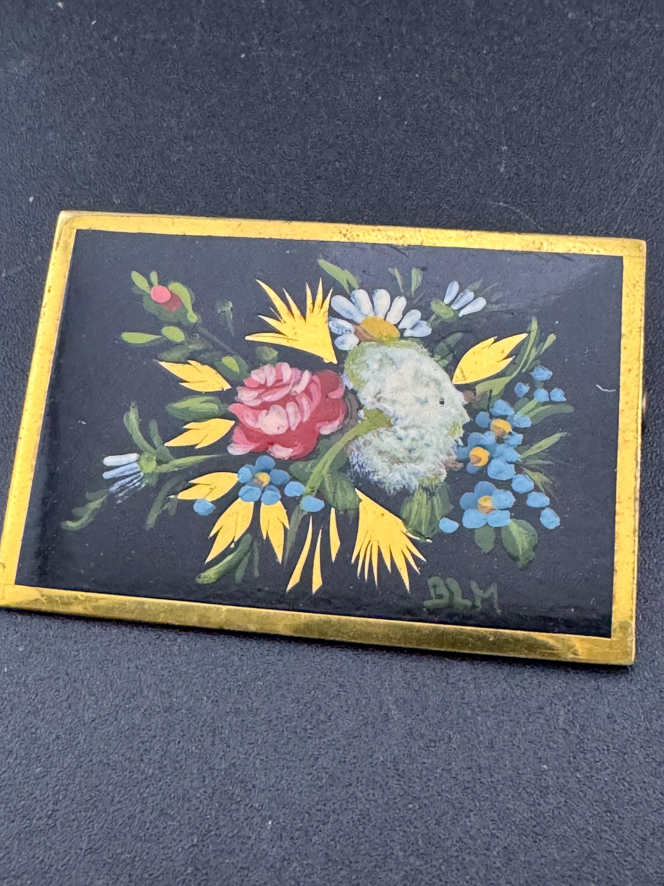 vintage French hand painted floral bouquet brooch, signed BLM 5cm brass metal with trombone clasp