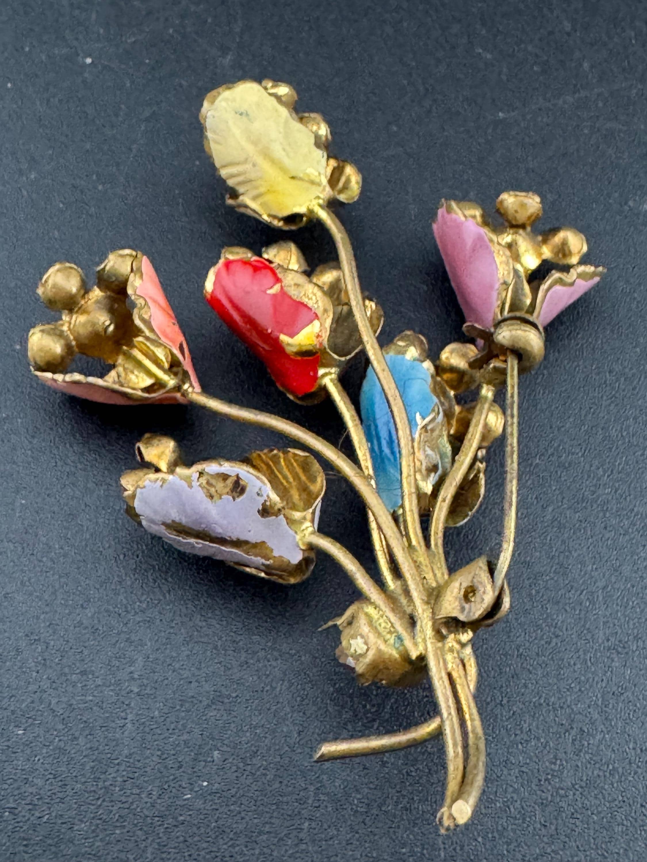 Art Deco Czech brass metal leaf cold painted floral bouquet brooch with rainbow coloured enamel flowers 6.5cm