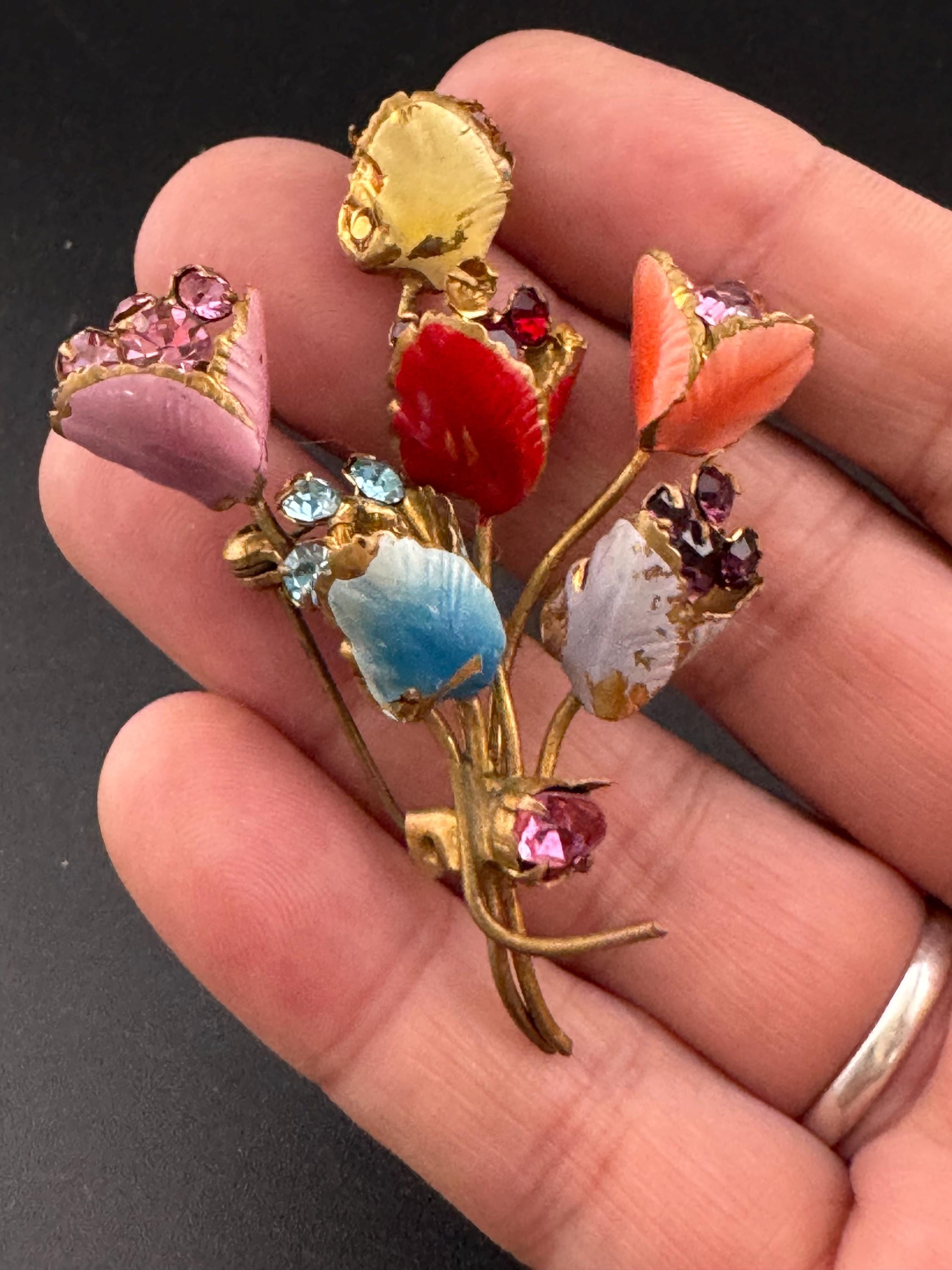 Art Deco Czech brass metal leaf cold painted floral bouquet brooch with rainbow coloured enamel flowers 6.5cm