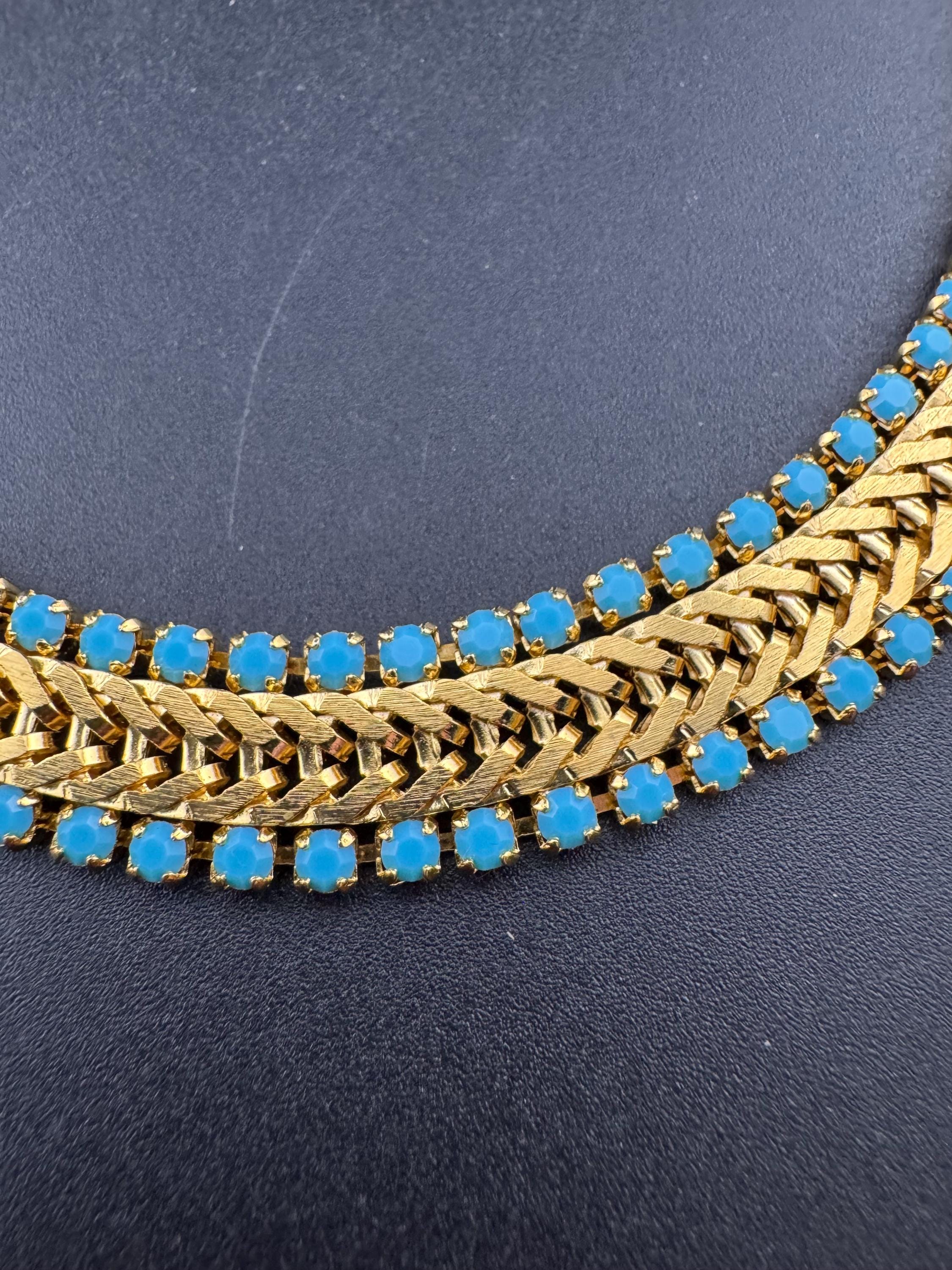 Wide mesh woven choker necklace with turquoise paste stones 1960s gold tone 43cm