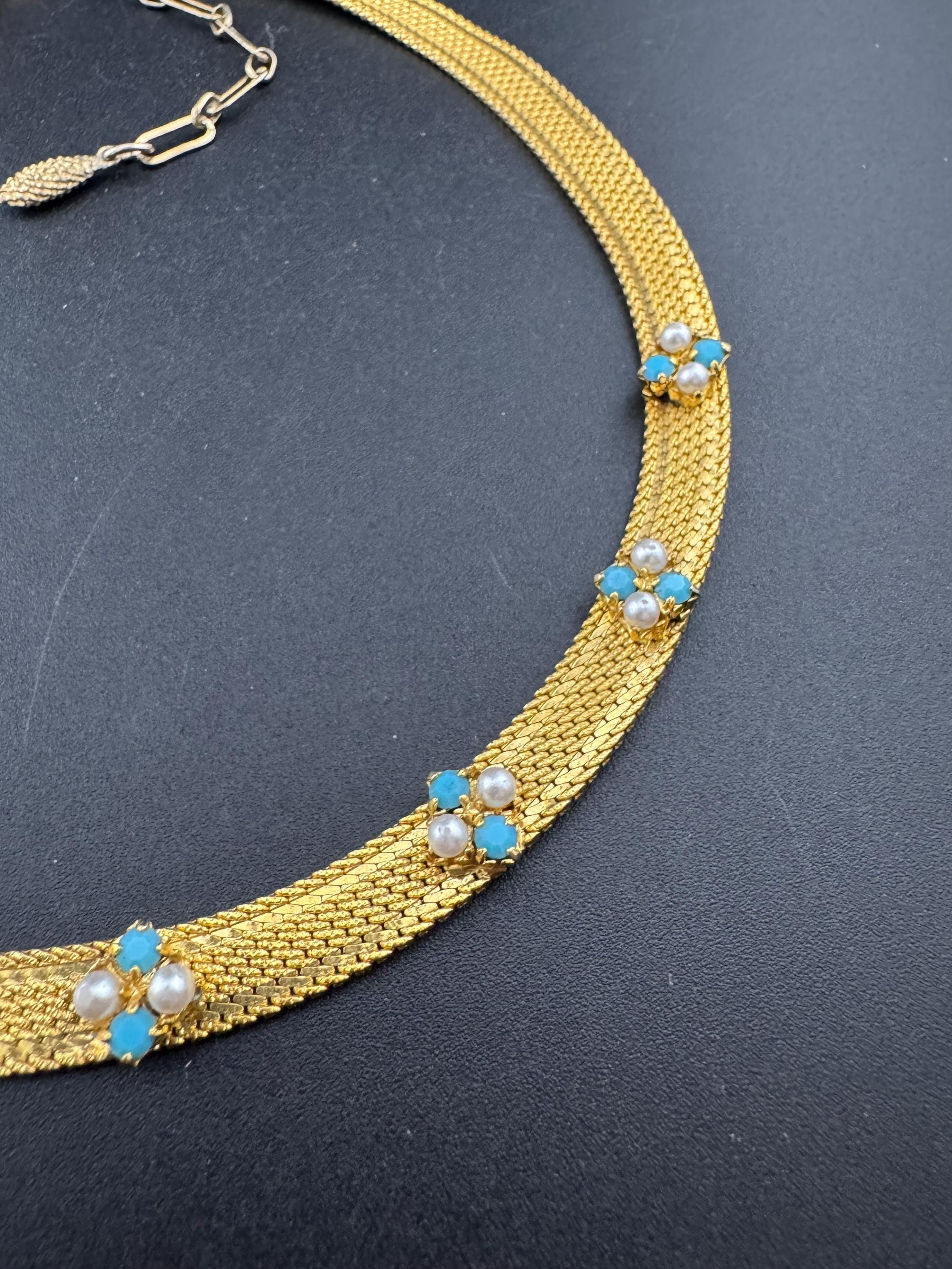 Vintage 1960s gold tone mesh necklace with turquoise stones and faux seed pearls some replaced
