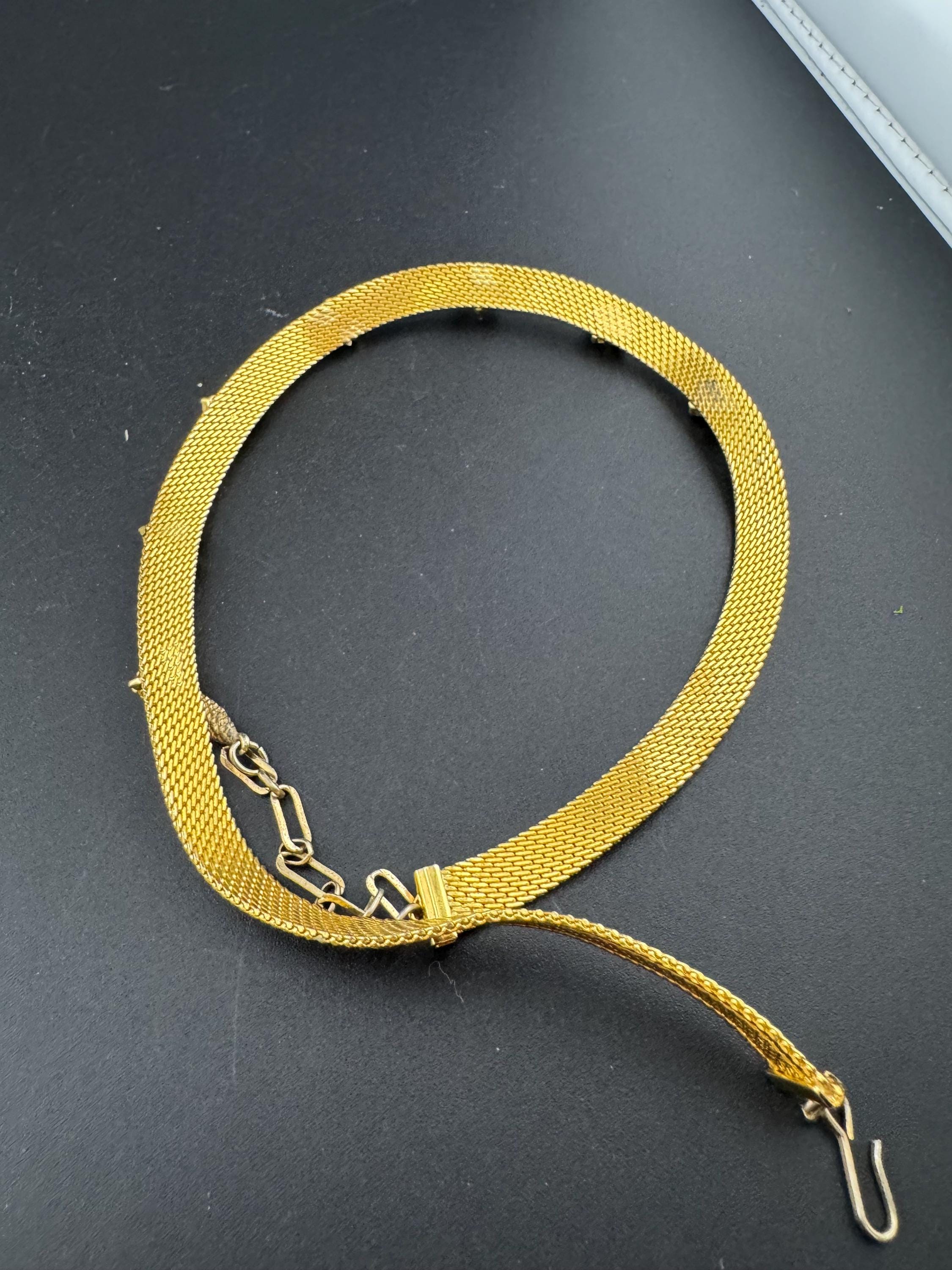 Vintage 1960s gold tone mesh necklace with turquoise stones and faux seed pearls some replaced