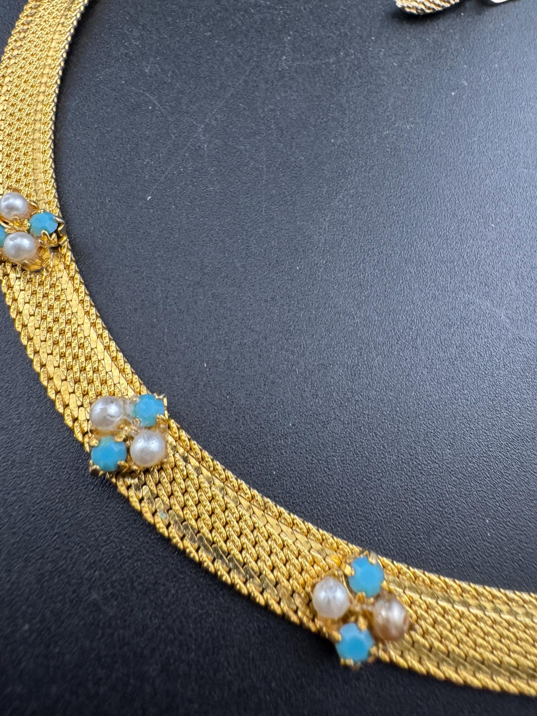 Vintage 1960s gold tone mesh necklace with turquoise stones and faux seed pearls some replaced