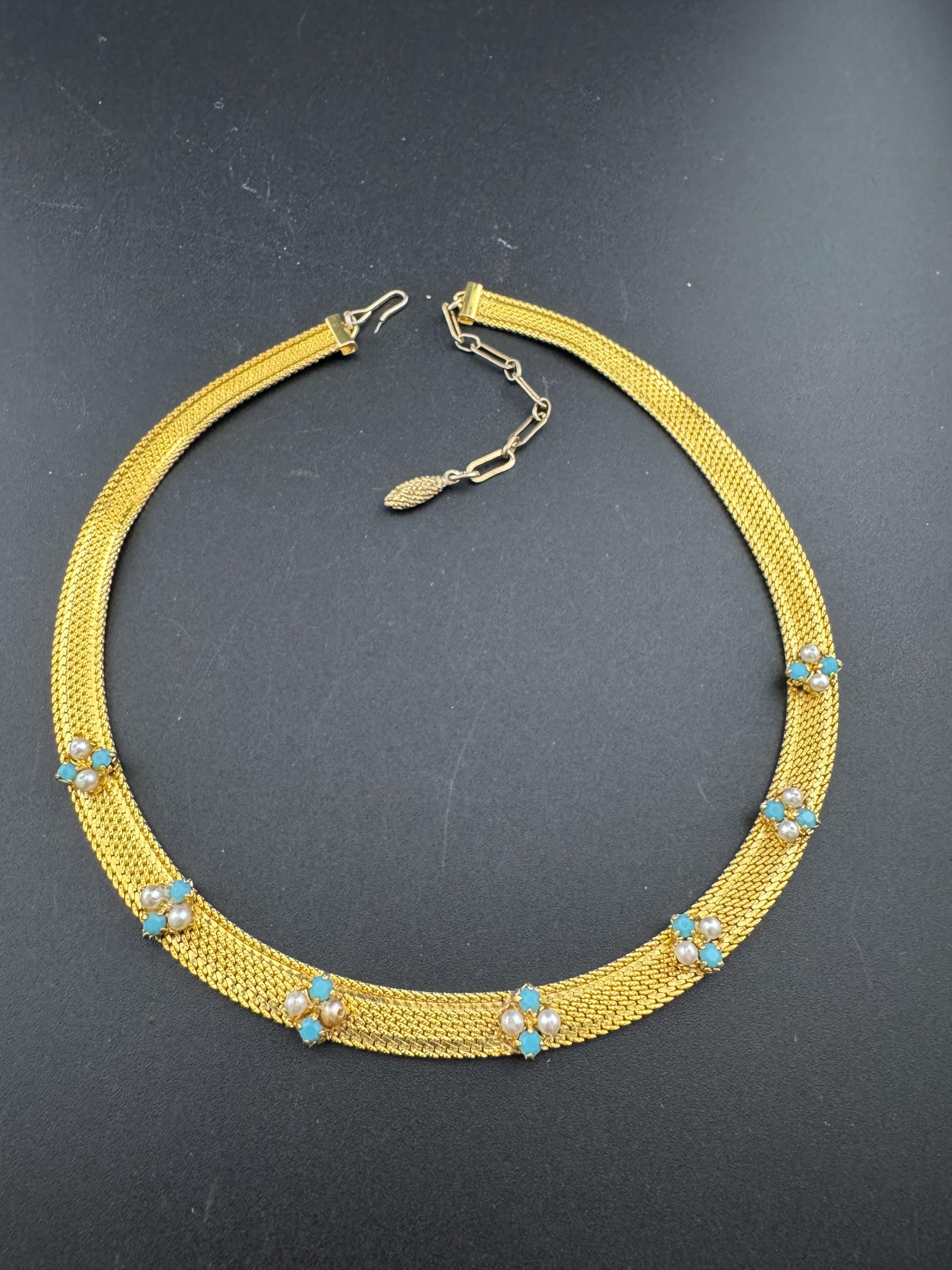 Vintage 1960s gold tone mesh necklace with turquoise stones and faux seed pearls some replaced