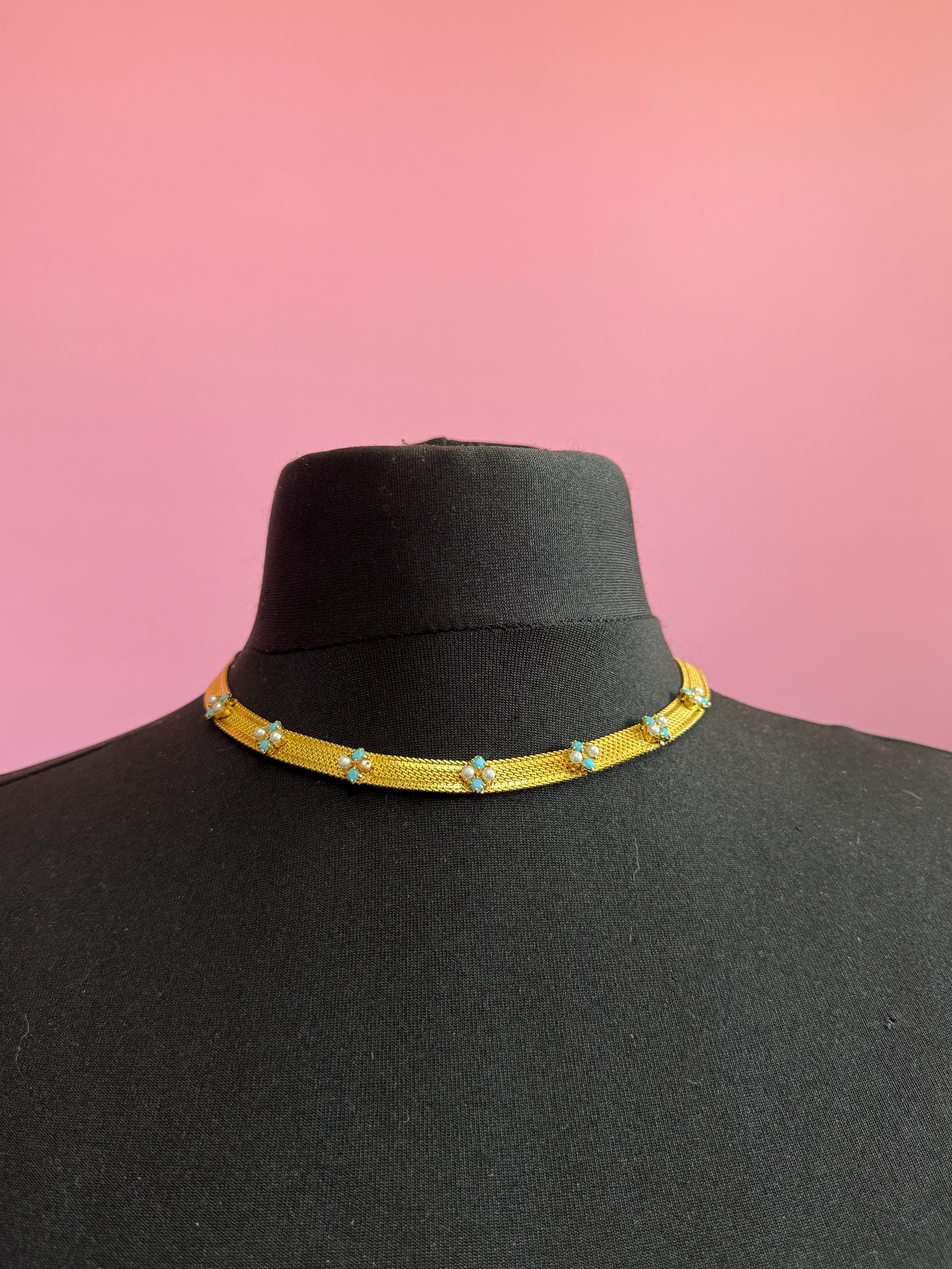 Vintage 1960s gold tone mesh necklace with turquoise stones and faux seed pearls some replaced