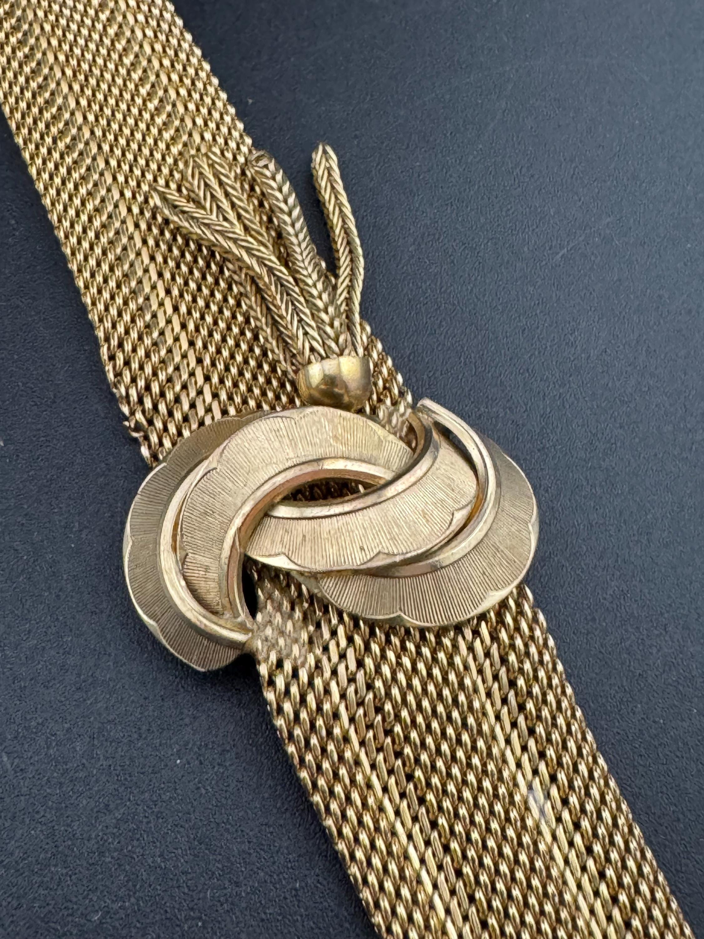 Art Deco Vintage retro gold tone  textured MESH wide tassel bracelet 1930s 1940s cuff bracelet minor wear see pics
