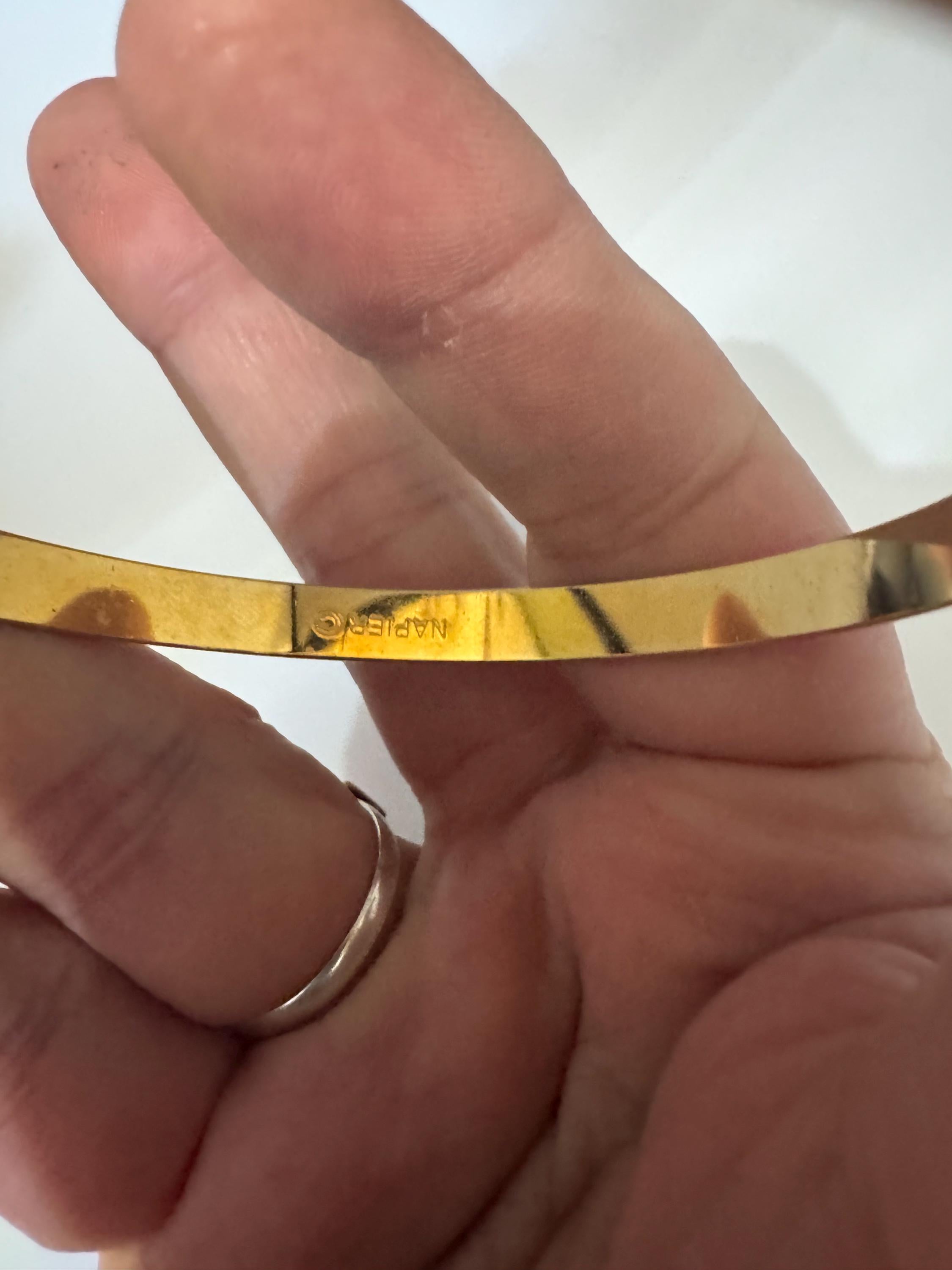 Signed Napier gold plated bright red enamel geometric bangle bracelet vintage 6mm boxed