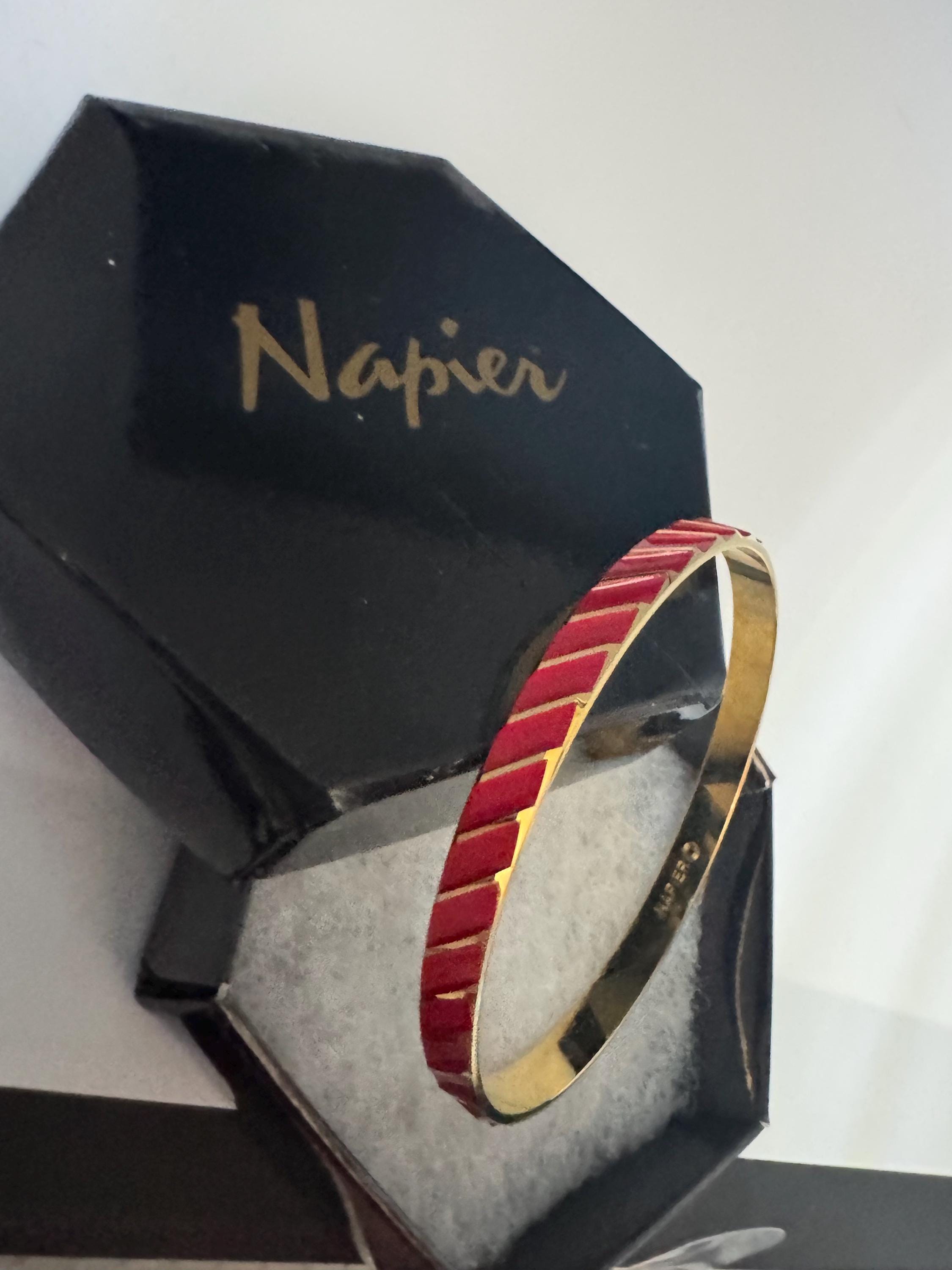 Signed Napier gold plated bright red enamel geometric bangle bracelet vintage 6mm boxed