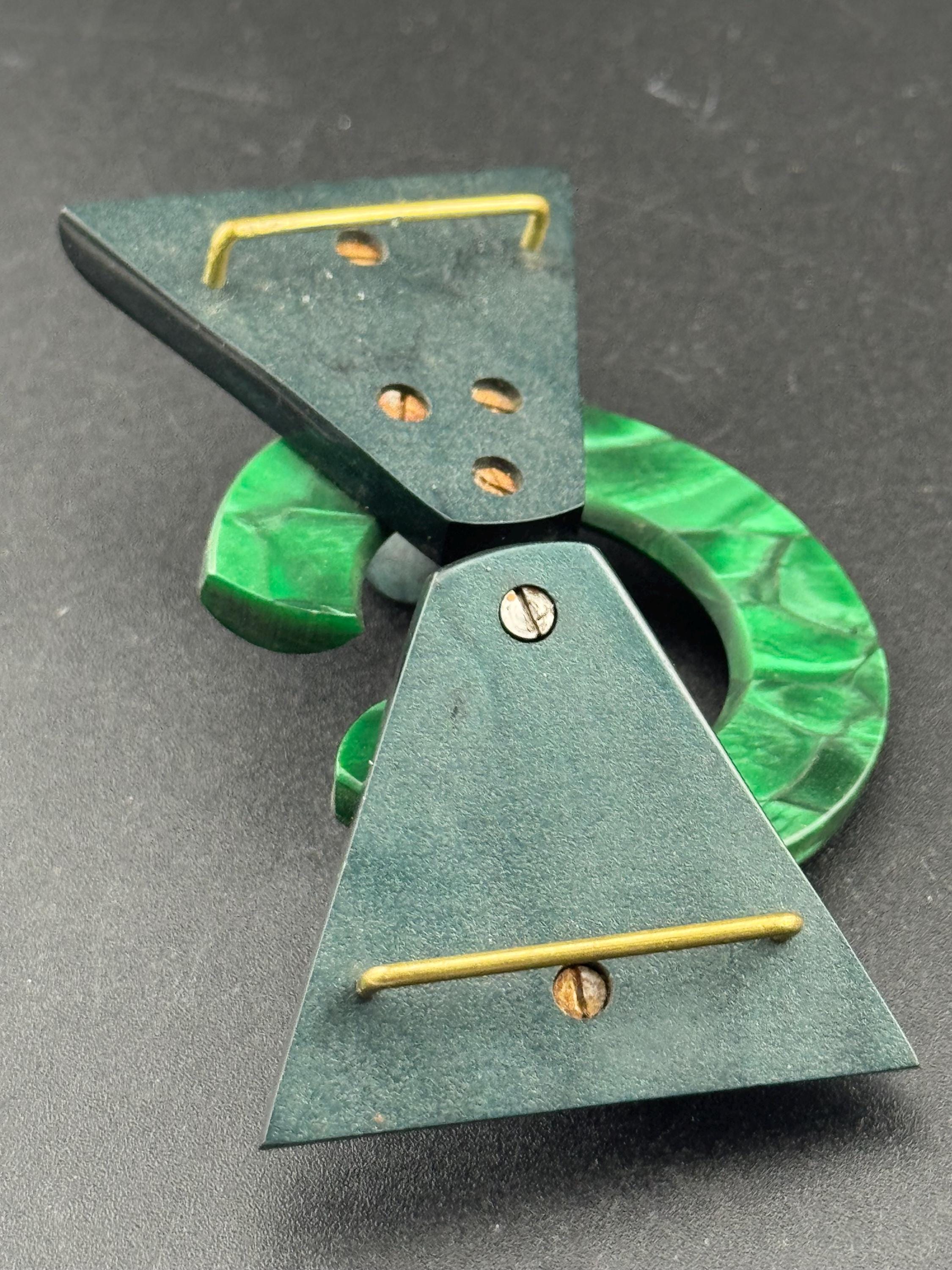 Large Antique Art Deco Bakelite Celluloid Early Plastic black and GREEN Art Deco Geometric Belt Buckle 1920s 1930s Sewing Haberdashery