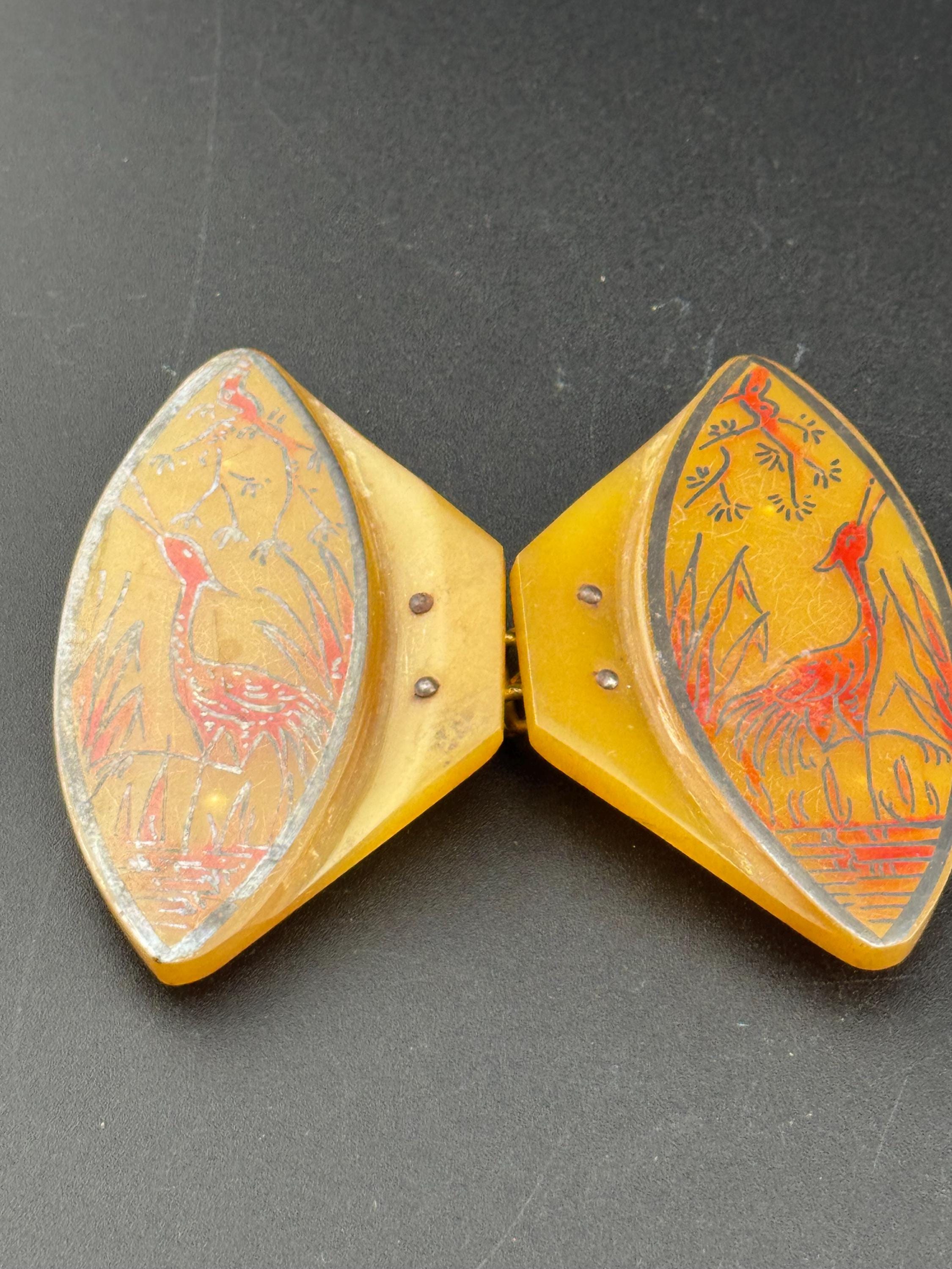 True Art Deco 2 part sew on Japanese crane bird early plastic belt buckle