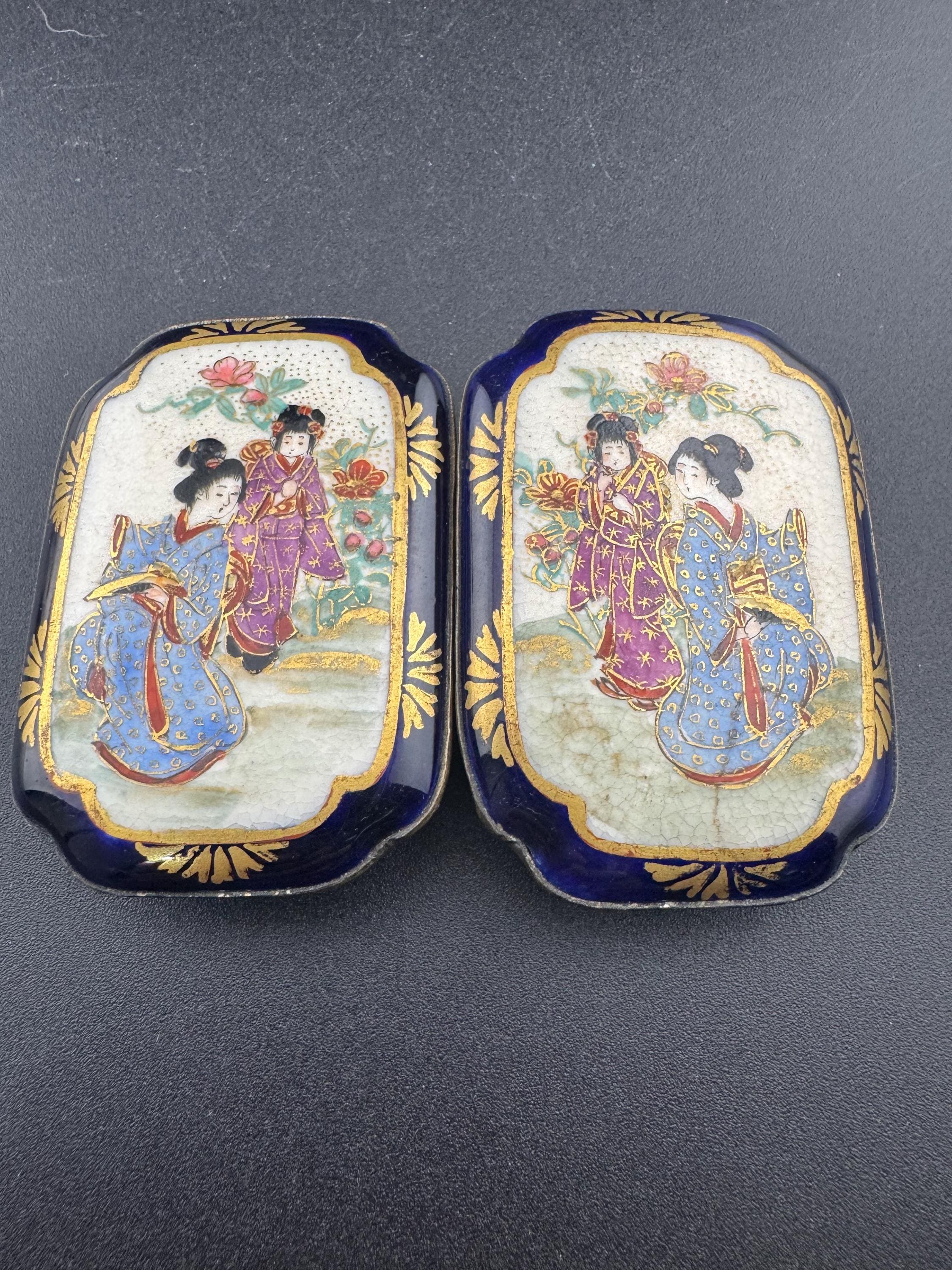 antique Japanese hallmarked silver Meiji period satsuma ware porcelain 2 part large belt buckles 1868-1928 period