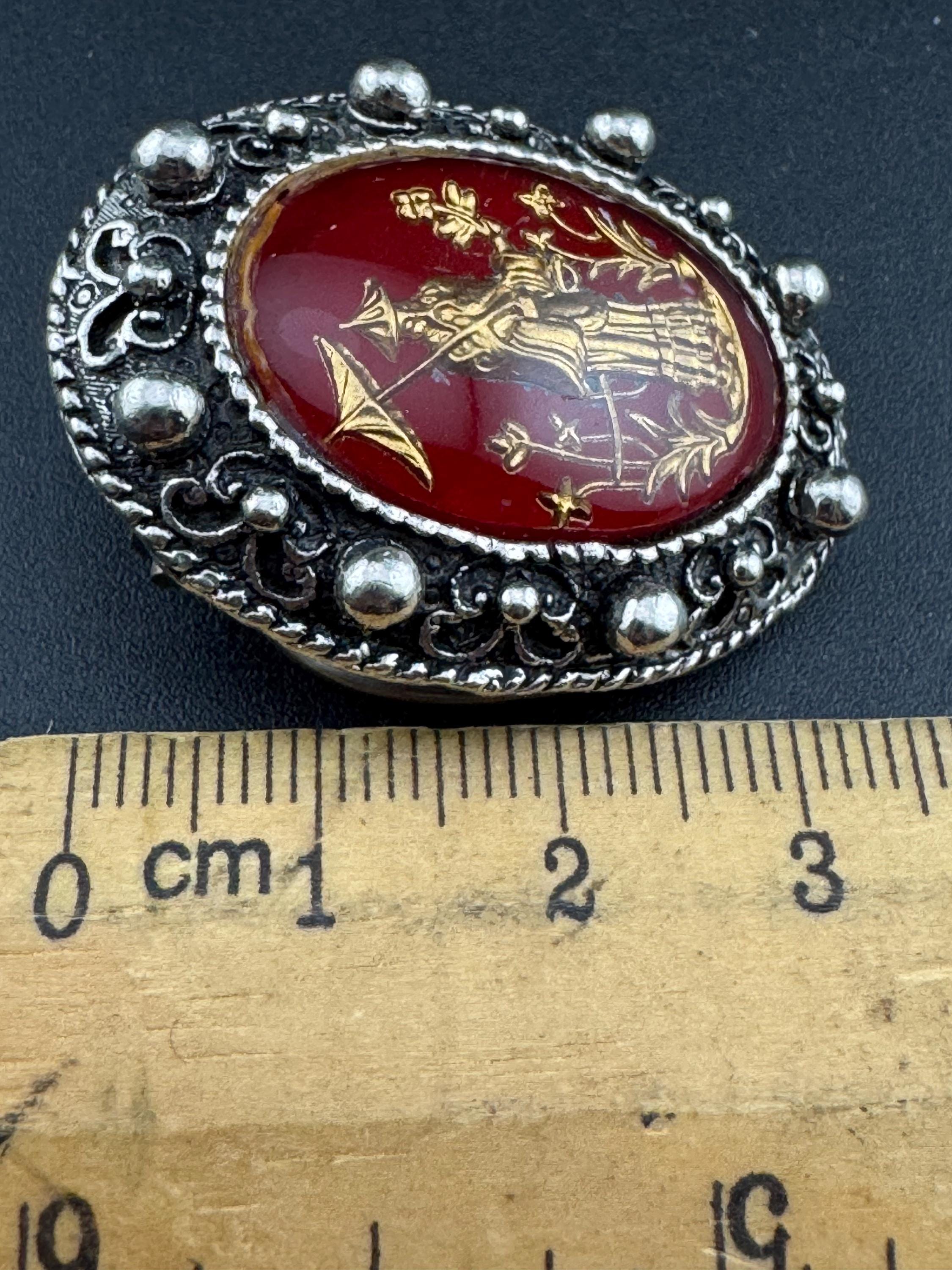 Vintage silver tone metal reverse carved red plastic Chinese scene 1970s scarf clip