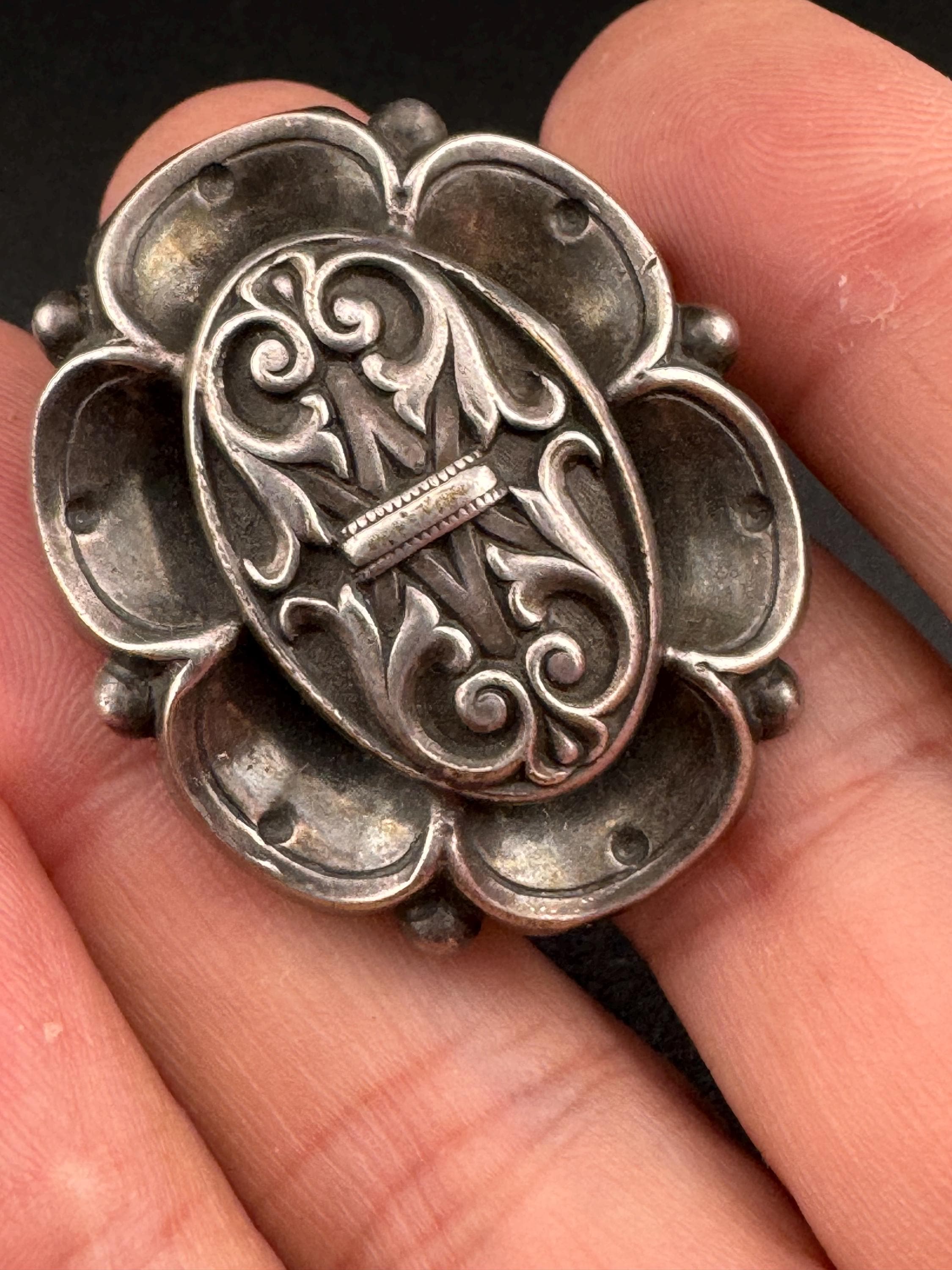 Antique French silver metal art nouveau combination dress clip and brooch with trombone clasp