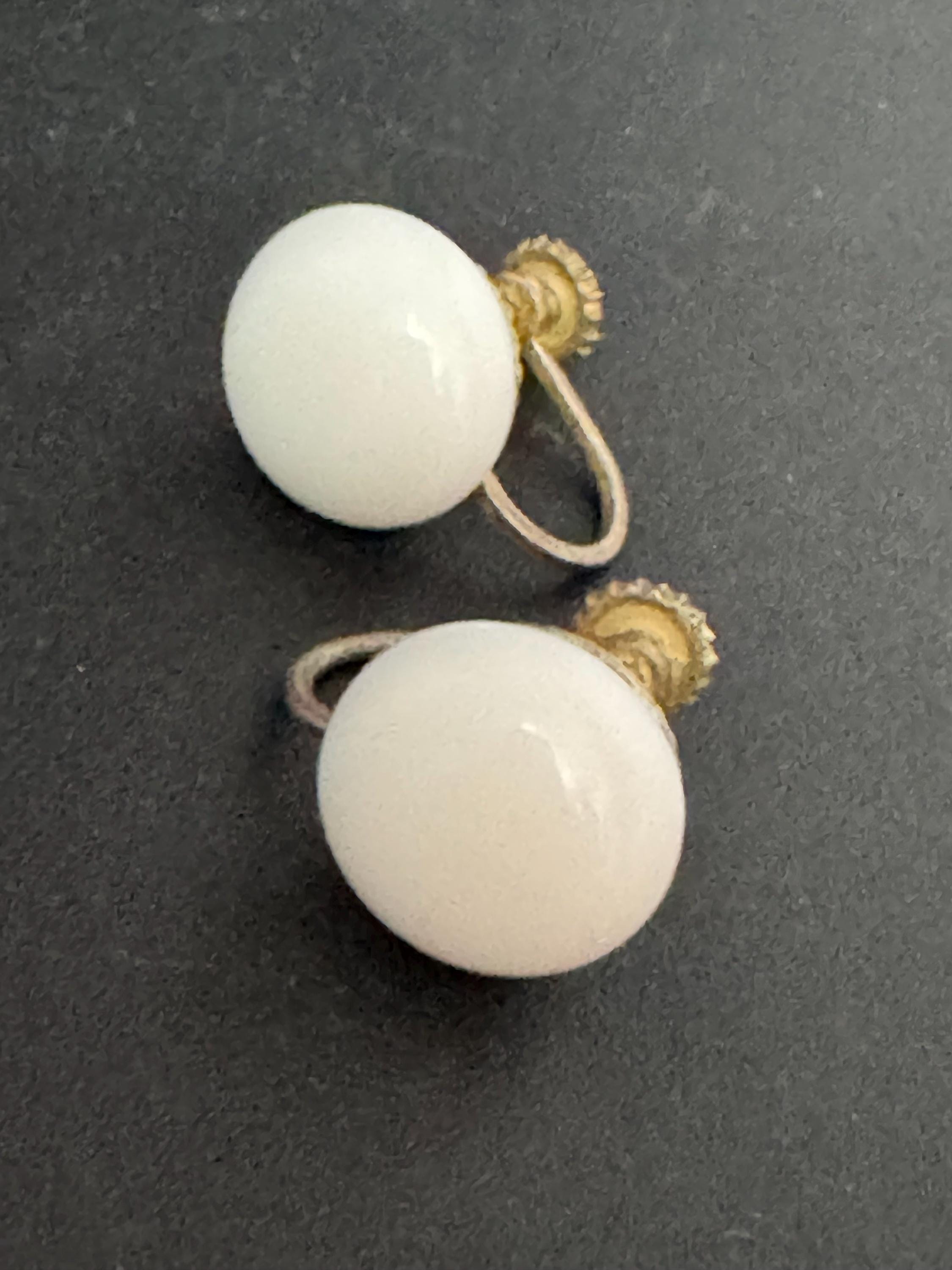 Antique to vintage round button white milk glass clip on earrings 1cm