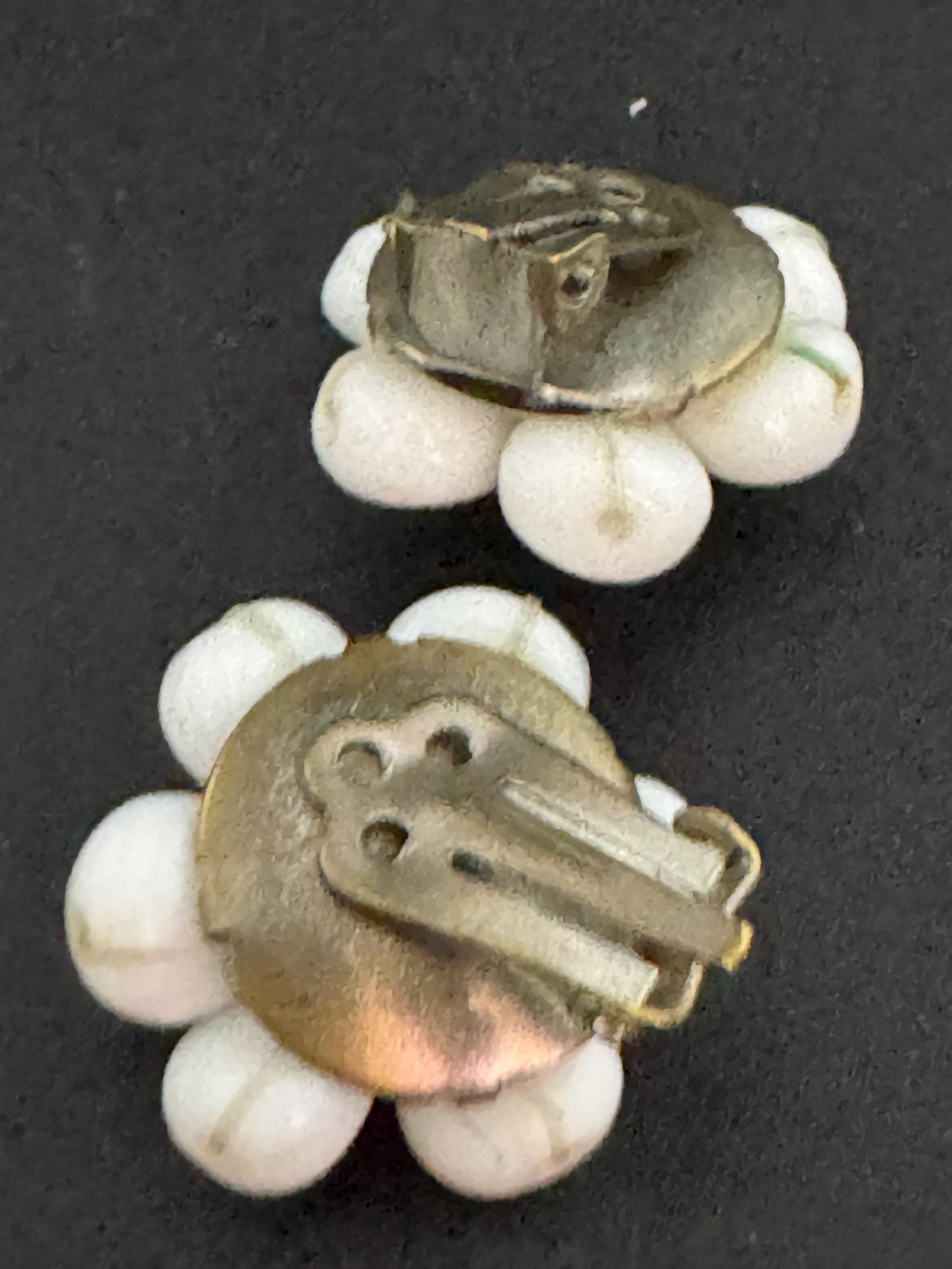 Vintage white milk glass floral beaded Cluster Clip On Earrings 1940s 1950s