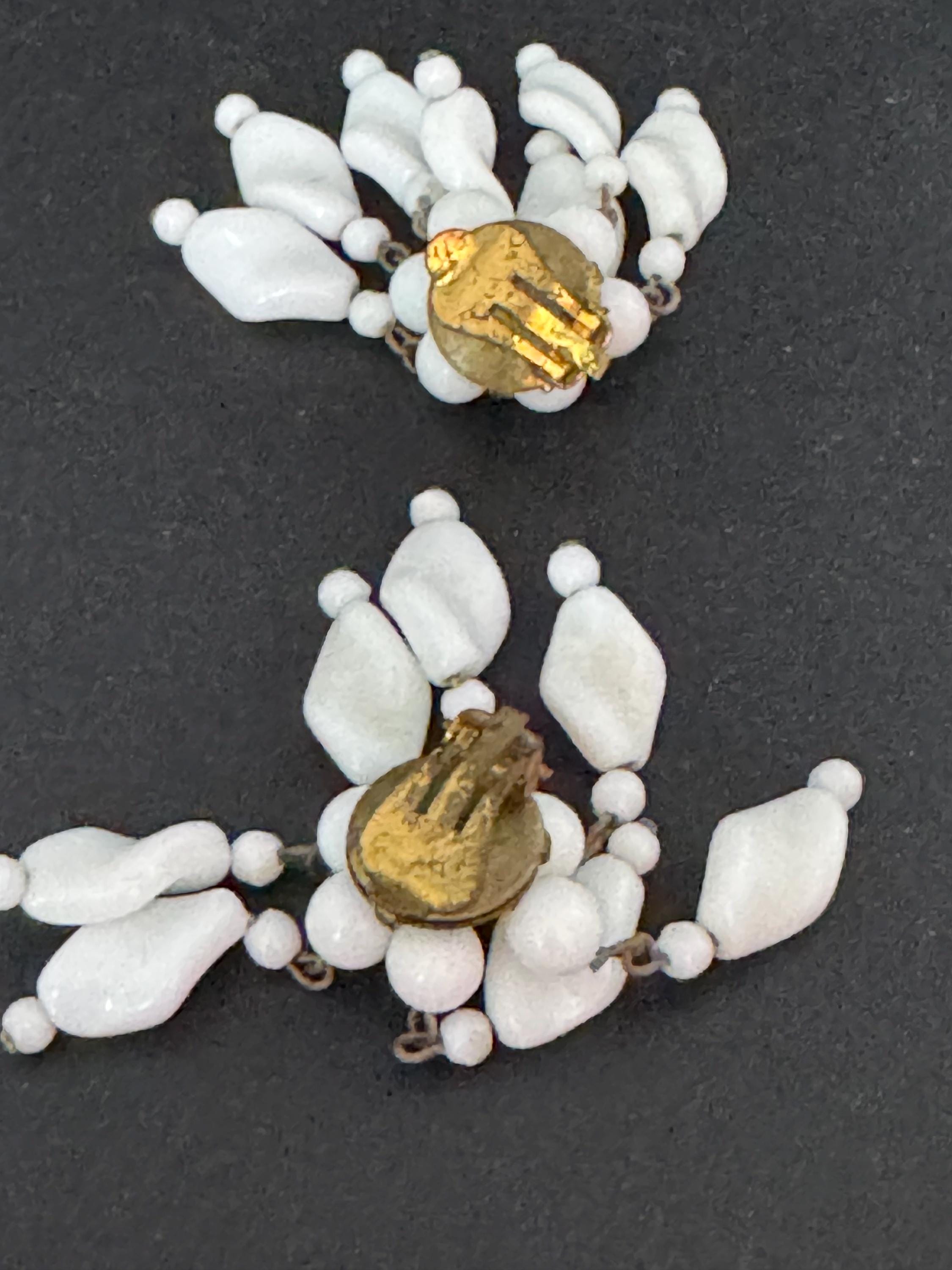 Vintage white milk glass floral beaded Cluster Clip On waterfall Earrings 1940s 1950s