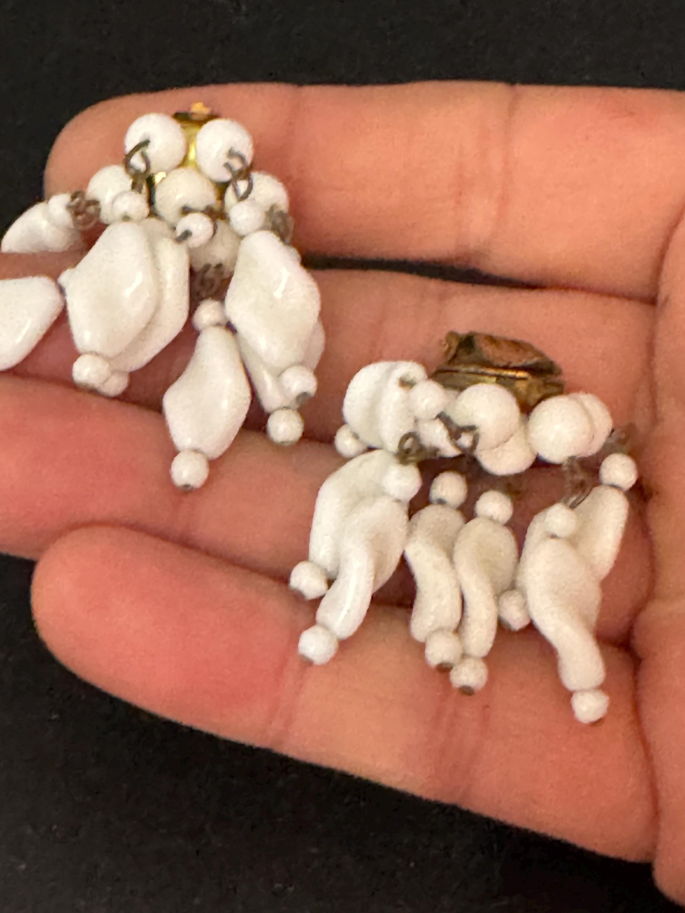 Vintage white milk glass floral beaded Cluster Clip On waterfall Earrings 1940s 1950s