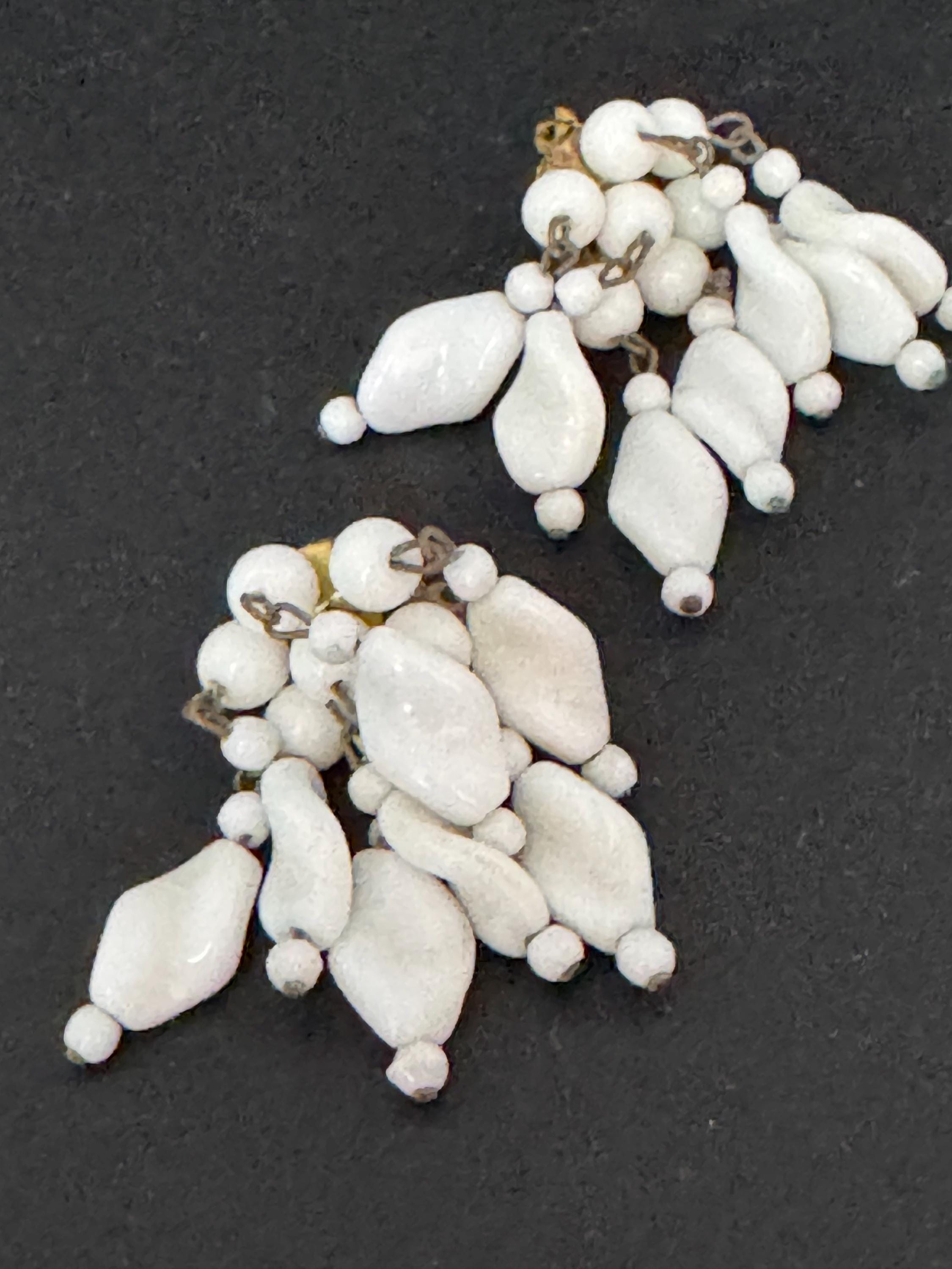 Vintage white milk glass floral beaded Cluster Clip On waterfall Earrings 1940s 1950s